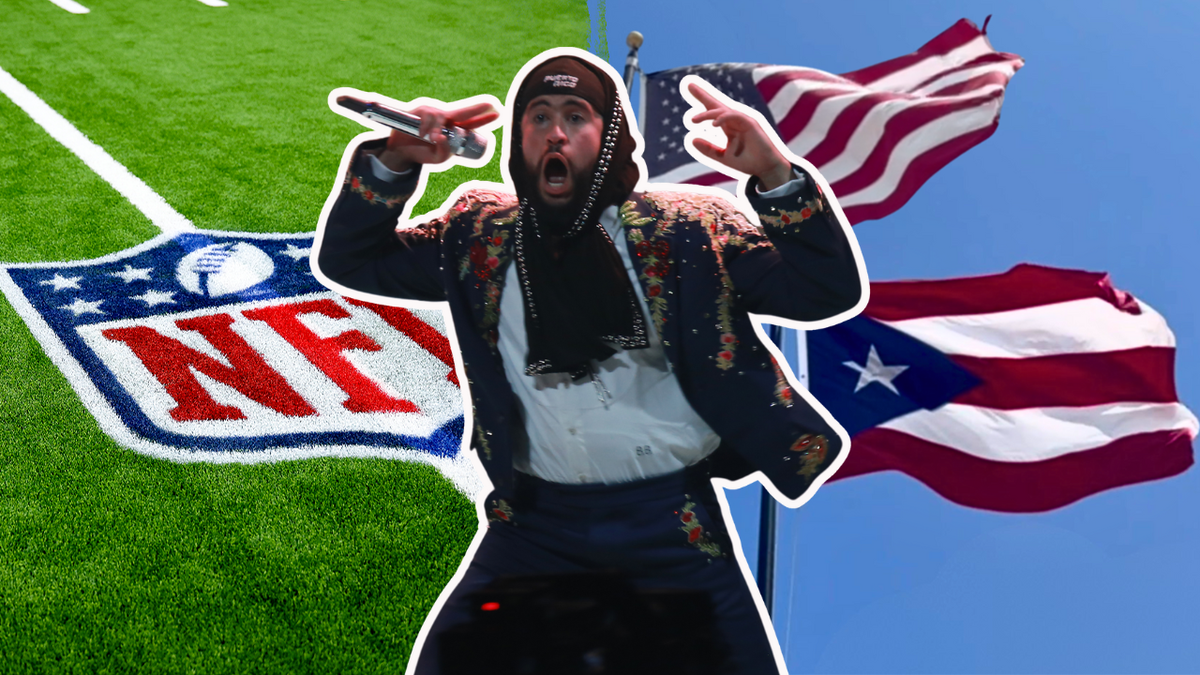 NFL logo on grass on the left, United States and Puerto Rico flags on the right, Bad Bunny centered between them btoh