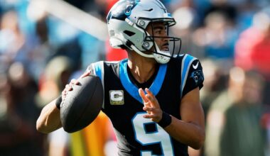 Carolina Panthers quarterback Bryce Young passes against the New Orleans Saints an NFL football game between the Carolina Panthers and the New Orleans Saints, Sunday, Nov. 9, 2025, in Charlotte, N.C. (AP Photo/Rusty Jones)