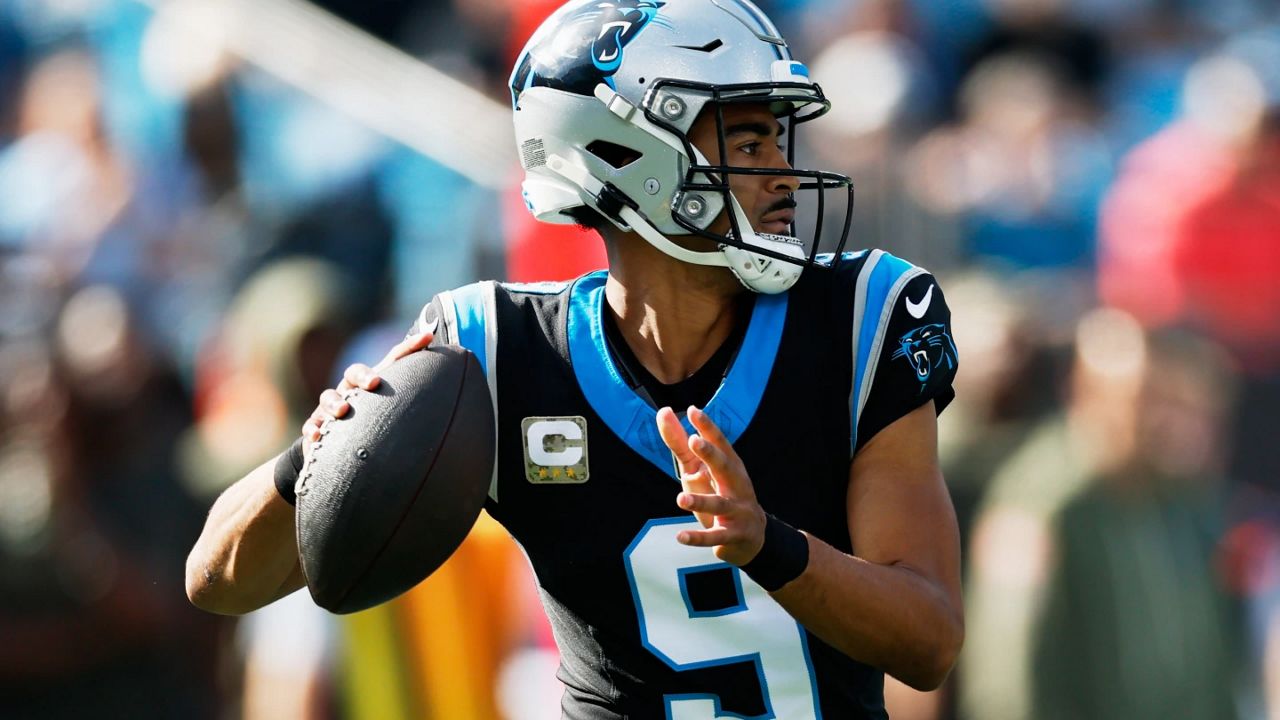 Carolina Panthers quarterback Bryce Young passes against the New Orleans Saints an NFL football game between the Carolina Panthers and the New Orleans Saints, Sunday, Nov. 9, 2025, in Charlotte, N.C. (AP Photo/Rusty Jones)