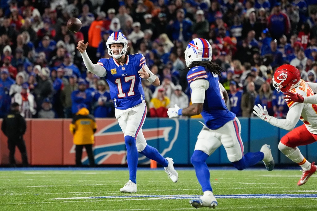Buffalo Bills quarterback Josh Allen (17) throws the ball in the second half against the Kansas City Chiefs at Highmark Stadium. 
