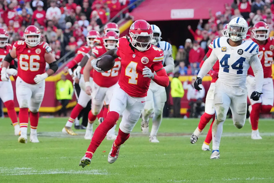 Nov 23, 2025; Kansas City, Missouri, USA; Kansas City Chiefs wide receiver Rashee Rice (4) runs against the Indianapolis Colts in overtime at GEHA Field at Arrowhead Stadium. Mandatory Credit: Denny Medley-Imagn Images