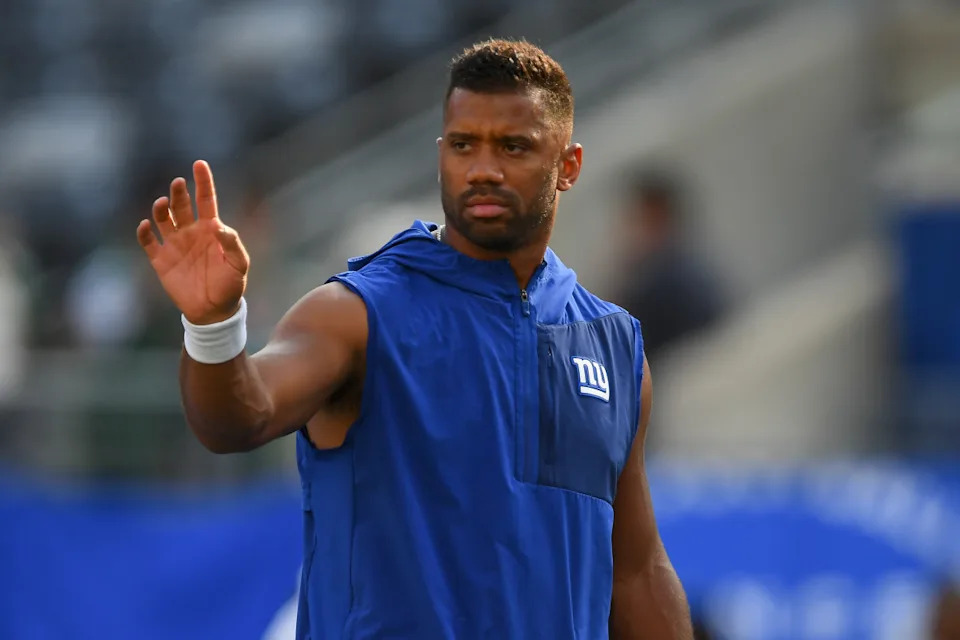 New York Giants quarterback Russell Wilson (3) looks on prior to the game against the New York Jets.Rich Barnes-Imagn Images