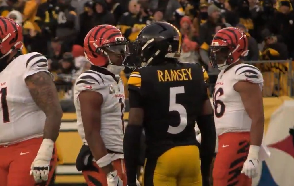 Bengals receiver Ja'Marr Chase (l.) spits at Steelers cornerback Jalen Ramsey (r) on Nov. 16, 2025.