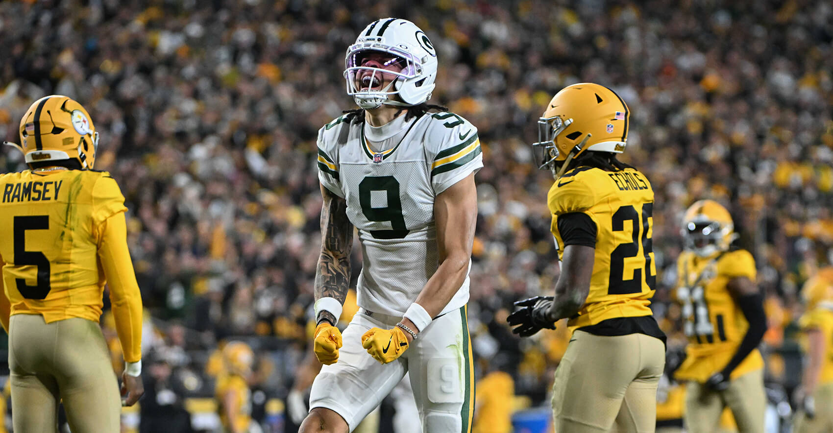 Oct 26, 2025; Pittsburgh, Pennsylvania, USA; Green Bay Packers wide receiver Christian Watson (9) reacts following a catch against the Pittsburgh Steelers during the second half at Acrisure Stadium. Mandatory Credit: Barry Reeger-Imagn Images