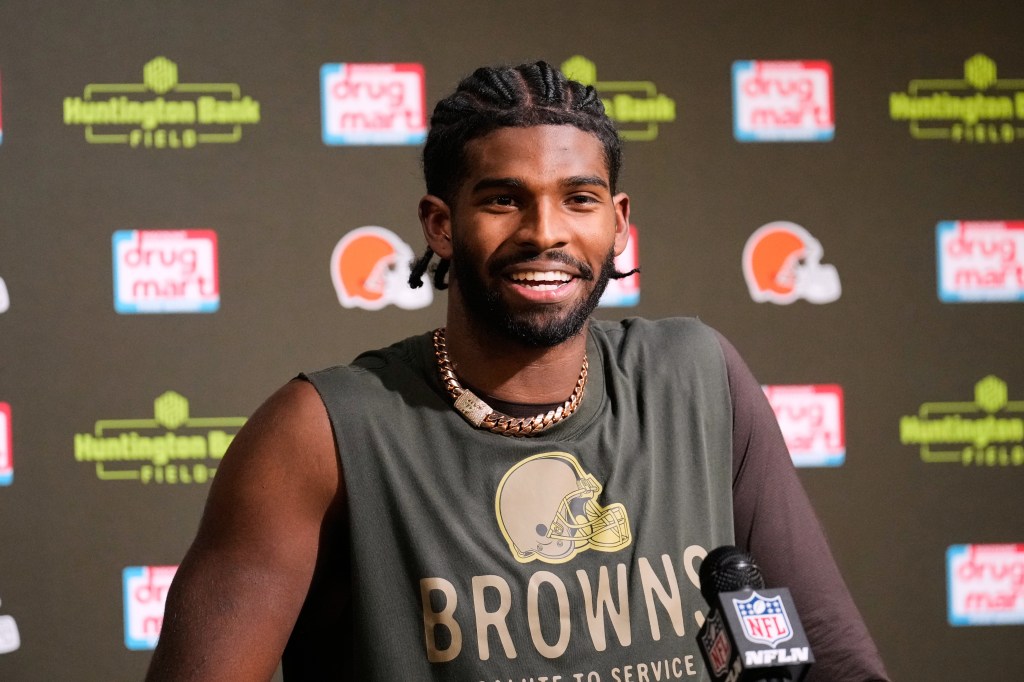 Shedeur Sanders speaks to reporters after the Browns' loss against the Ravens on Nov. 16, 2025.