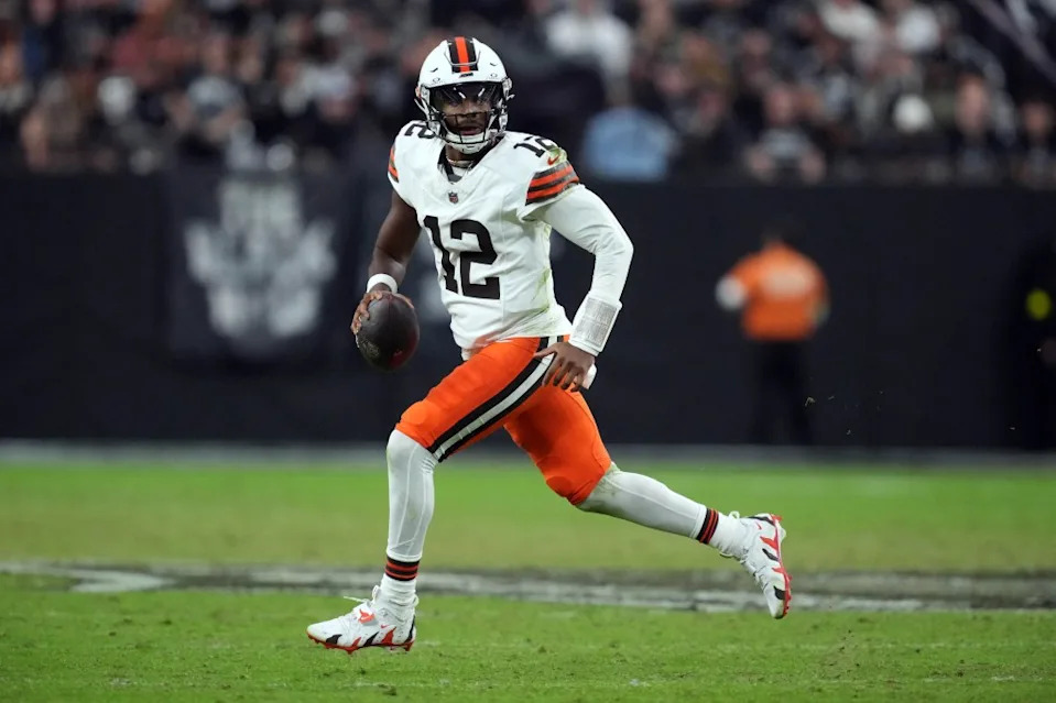 Cleveland Browns quarterback Shedeur Sanders (12) runs with the ball against the Las Vegas Raiders in the second half at Allegiant Stadium on Nov. 23, 2025. IMAGN IMAGES via Reuters Connect