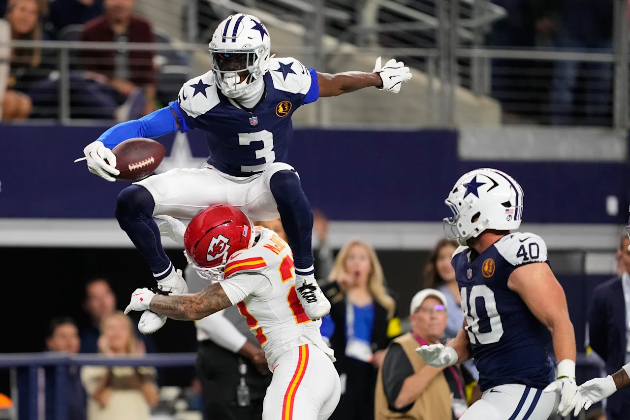 George Pickens (3) and the Cowboys beat the Chiefs 31-28 in a Thanksgiving thriller. (AP Photo/Tony Gutierrez)