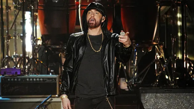 Inductee Eminem performs on stage during the 37th Annual Rock & Roll Hall Of Fame Induction Ceremony at Microsoft Theater on November 05, 2022, in Los Angeles, California. (Photo by Jeff Kravitz/FilmMagic)