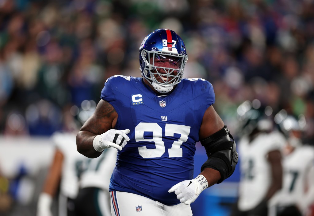 Dexter Lawrence celebrating during a game between the New York Giants and the Philadelphia Eagles.