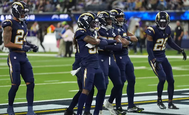 Los Angeles Chargers safety R.J. Mickens (27) celebrates with teammates after intercepting a pass during the second half of an NFL football game against the Minnesota Vikings Thursday, Oct. 23, 2025, in Inglewood, Calif. (AP Photo/Gregory Bull)