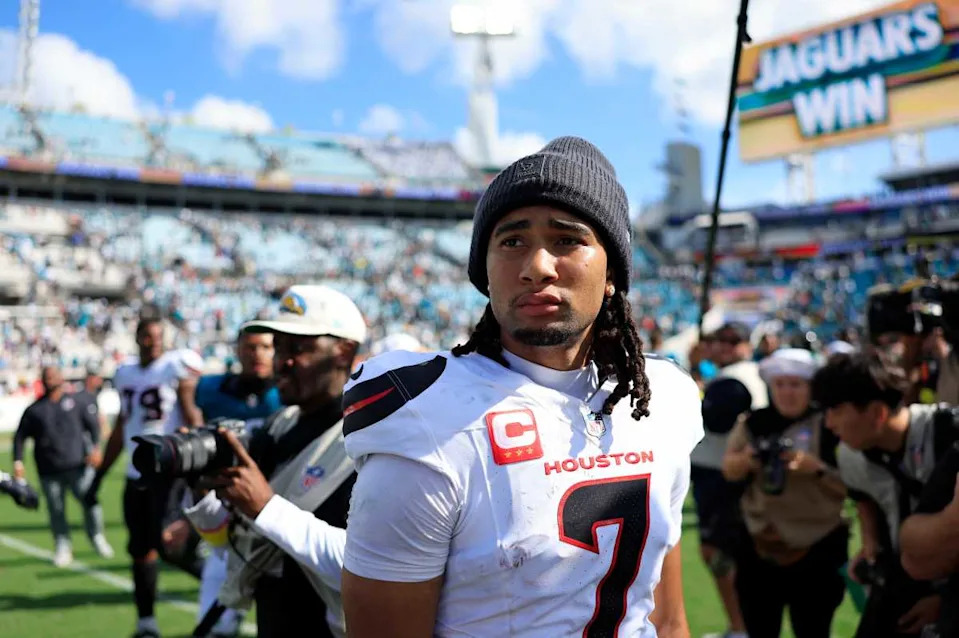 Houston Texans quarterback CJ. Stroud (7) looks on after the game of an NFL football matchup at EverBank Stadium, Sunday, Sept. 21, 2025, in Jacksonville, Fla. The Jaguars defeated the Texans 17-10. [Corey Perrine/Florida Times-Union]