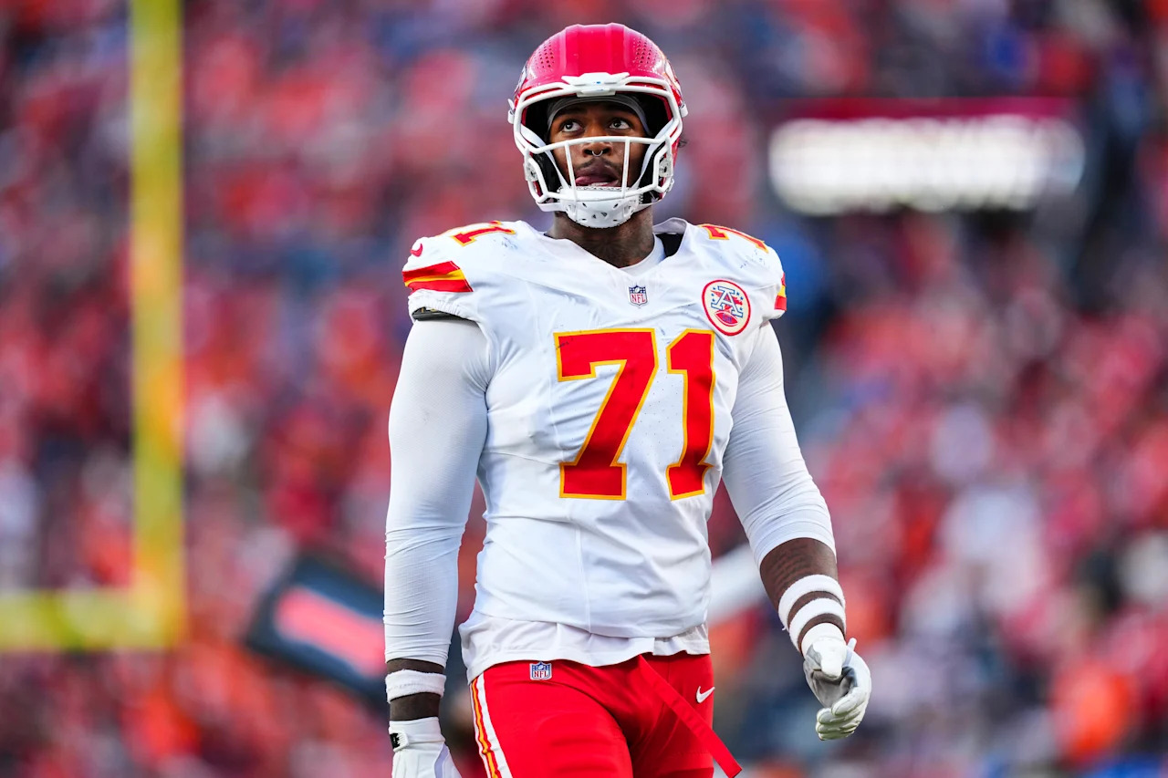 DENVER, CO - NOVEMBER 16: Josh Simmons #71 of the Kansas City Chiefs exits the field at halftime during an NFL football game against the Denver Broncos at Empower Field at Mile High on November 16, 2025 in Denver, Colorado. (Photo by Cooper Neill/Getty Images)