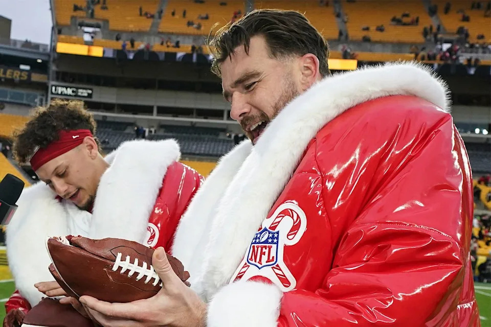 AP Photo/Matt Freed Kansas City Chiefs quarterback Patrick Mahomes and Travis Kelce speak after an NFL football game against the Pittsburgh Steelers on Dec. 25, 2024.