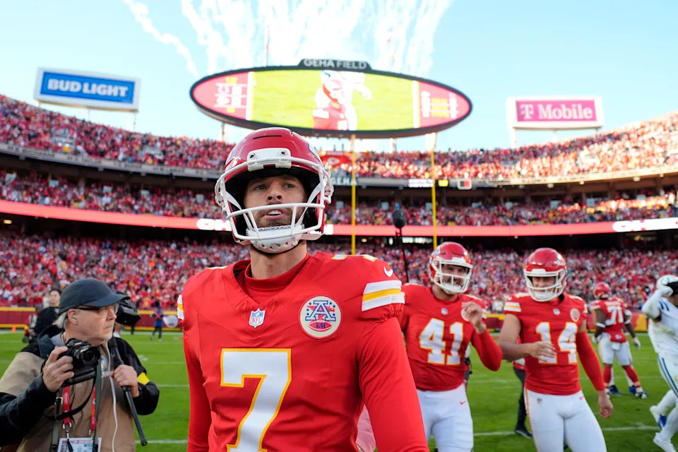 Nov 23, 2025; Kansas City, Missouri, USA; Kansas City Chiefs place kicker Harrison Butker (7) leaves the field after the game against the Indianapolis Colts at GEHA Field at Arrowhead Stadium. Mandatory Credit: Jay Biggerstaff-Imagn Images