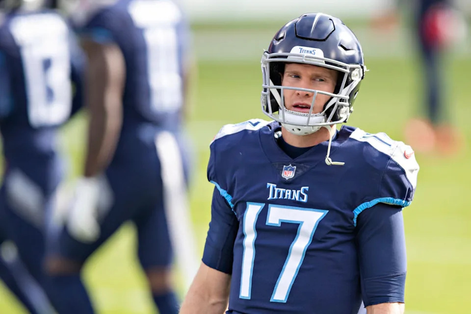 NASHVILLE, TENNESSEE - JANUARY 10: Quarterback Ryan Tannehill #17 of the Tennessee Titans warms up before their AFC Wild Card Playoff game against the Baltimore Ravens at Nissan Stadium on January 10, 2021 in Nashville, Tennessee. The Ravens defeated the Titans 20-13. (Photo by Wesley Hitt/Getty Images)Getty
