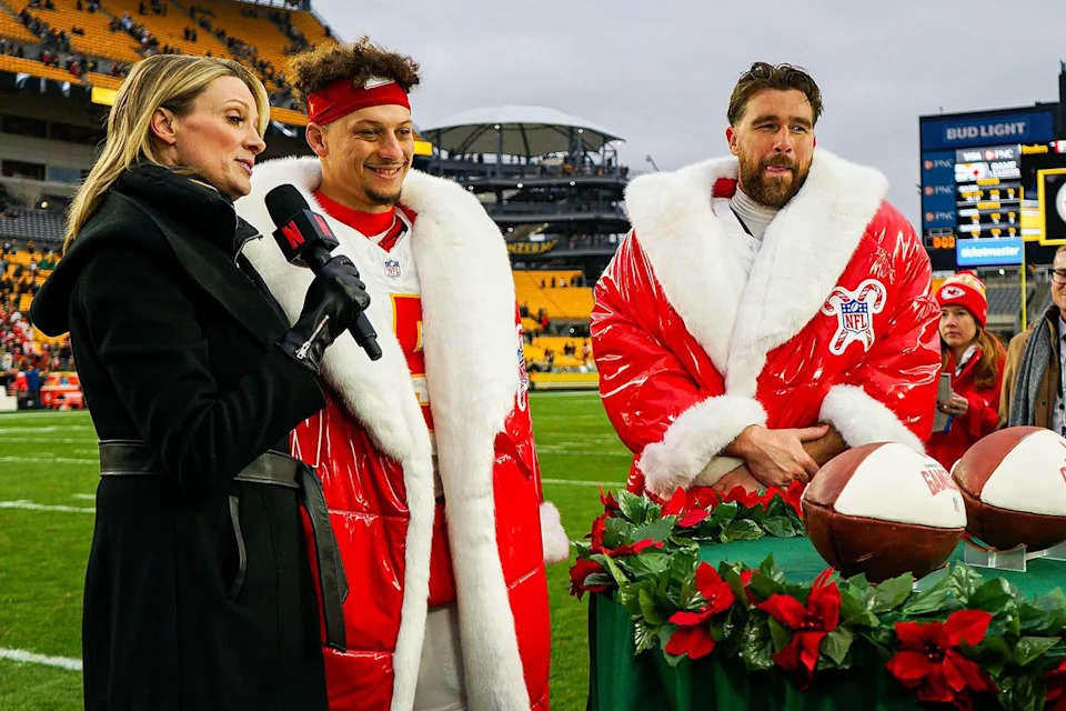 Mark Alberti/Icon Sportswire via Getty Stacey Dales interviews Kansas City Chiefs quarterback Patrick Mahomes and tight end Travis Kelce on Christmas on Dec. 25, 2024.