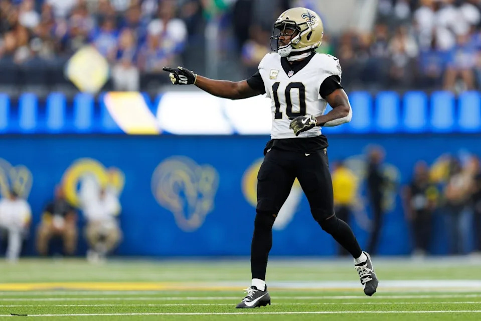 Brandin Cooks of the New Orleans Saints gets set during the fourth quarter of an NFL football game against the Los Angeles Rams at SoFi Stadium on November 2, 2025 in Inglewood, California. Getty Images