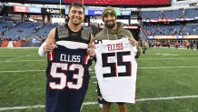 Nov 2, 2025; Foxborough, Massachusetts, USA; Atlanta Falcons linebacker Kaden Elliss (55) and New England Patriots linebacker Christian Elliss (53) sign jerseys after the game at Gillette Stadium. Mandatory Credit: Eric Canha-Imagn Images