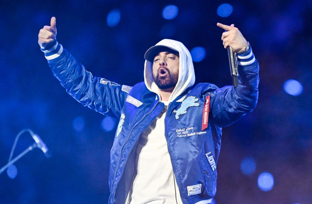 Eminem performs during halftime at the Green Bay Packers at Detroit Lions game.
