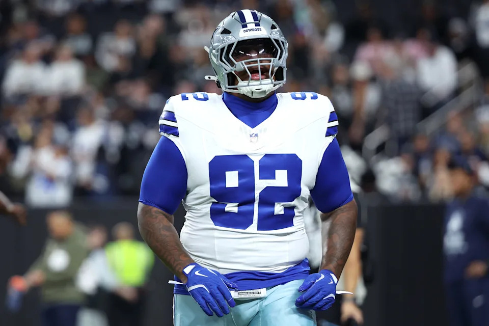 LAS VEGAS, NEVADA - NOVEMBER 17: Quinnen Williams #92 of the Dallas Cowboys warms up before the game against the Las Vegas Raiders at Allegiant Stadium on November 17, 2025 in Las Vegas, Nevada. (Photo by Ian Maule/Getty Images)