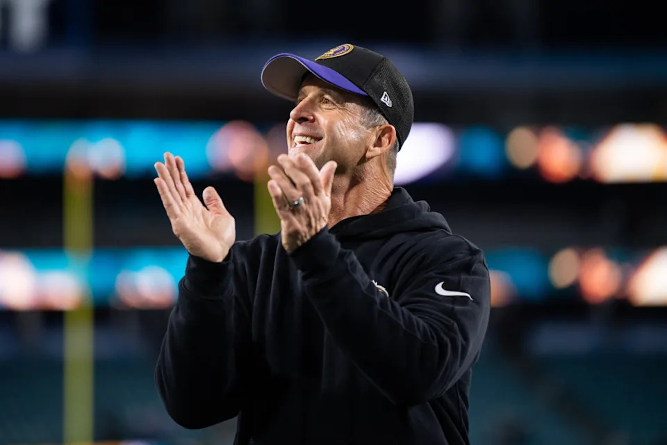 Dec 17, 2023; Jacksonville, Florida, USA; Baltimore Ravens head coach John Harbaugh reacts after the game against the Jacksonville Jaguars at EverBank Stadium. Mandatory Credit: Jeremy Reper-Imagn Images© Jeremy Reper-Imagn Images
