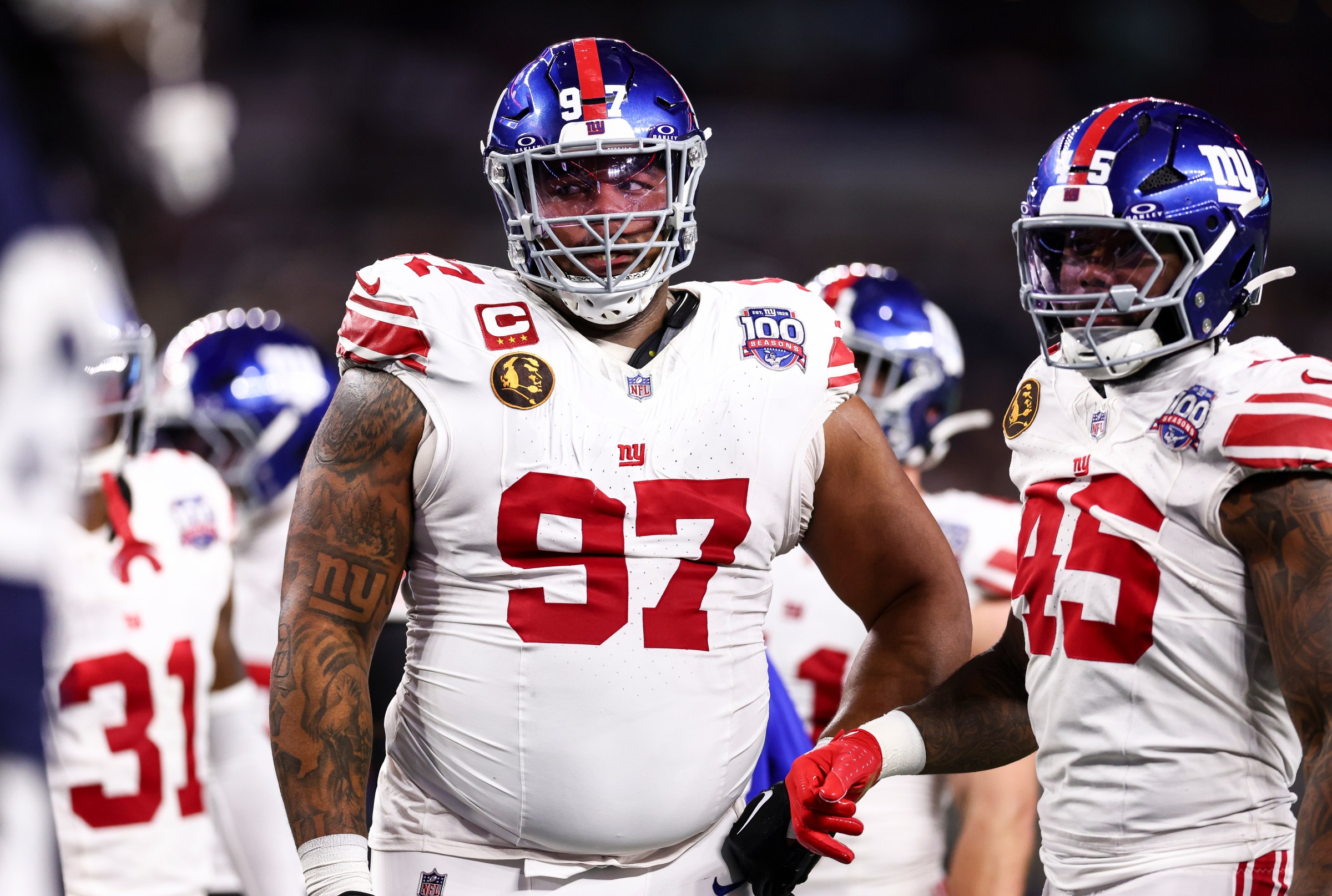 ARLINGTON, TEXAS - NOVEMBER 28: Dexter Lawrence II #97 of the New York Giants looks on after a play during an NFL football game against the Dallas Cowboys at AT&T Stadium on November 28, 2024 in Arlington, Texas. (Photo by Kevin Sabitus/Getty Images)