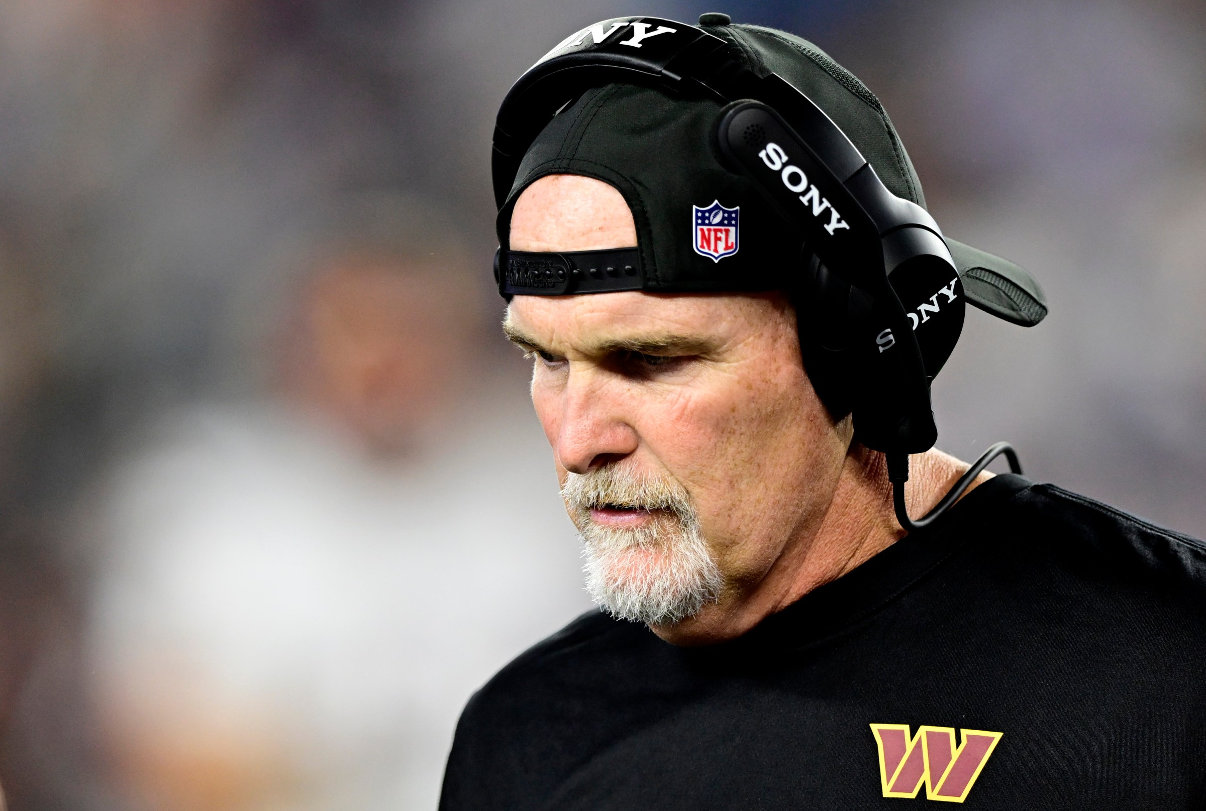 FOXBOROUGH, MASSACHUSETTS - AUGUST 08: Head coach Dan Quinn of the Washington Commanders looks on during the third quarter of the NFL Preseason 2025 game against the New England Patriots at Gillette Stadium on August 08, 2025 in Foxborough, Massachusetts. (Photo by Billie Weiss/Getty Images)