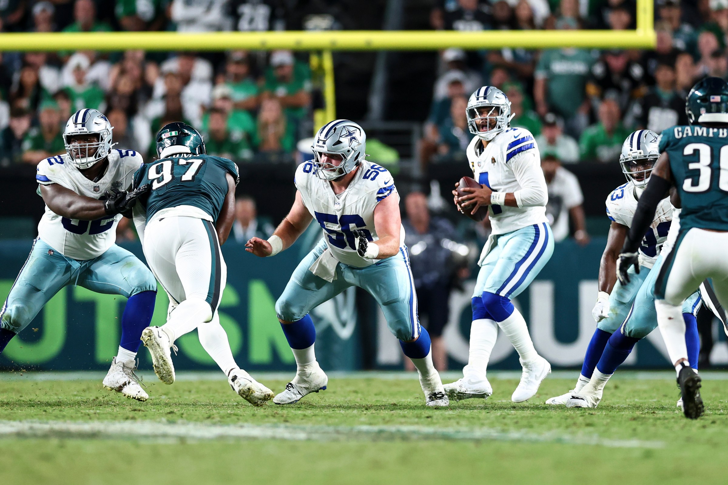 PHILADELPHIA, PENNSYLVANIA - SEPTEMBER 5: Cooper Beebe #56 of the Dallas Cowboys blocks during an NFL football game against the Philadelphia Eagles at Lincoln Financial Field on September 5, 2025 in Philadelphia, Pennsylvania. (Photo by Kevin Sabitus/Getty Images)