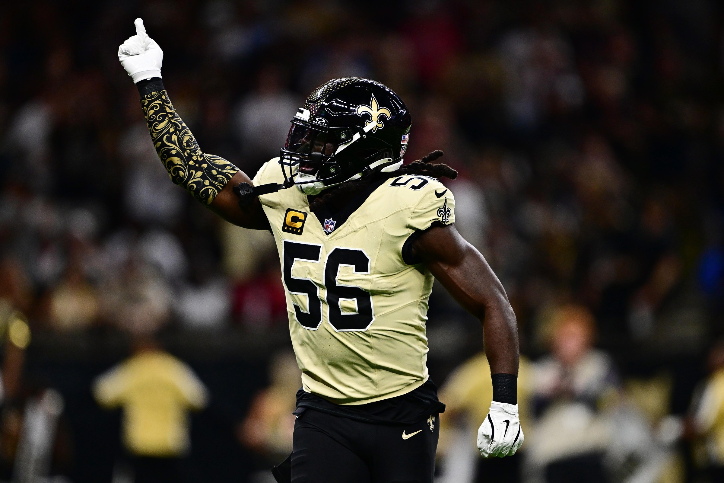 NEW ORLEANS, LOUISIANA - SEPTEMBER 07: Demario Davis #56 of the New Orleans Saints reacts after making a tackle during the game against the Arizona Cardinals at Caesars Superdome on September 07, 2025 in New Orleans, Louisiana. (Photo by Ella Hall/Getty Images)