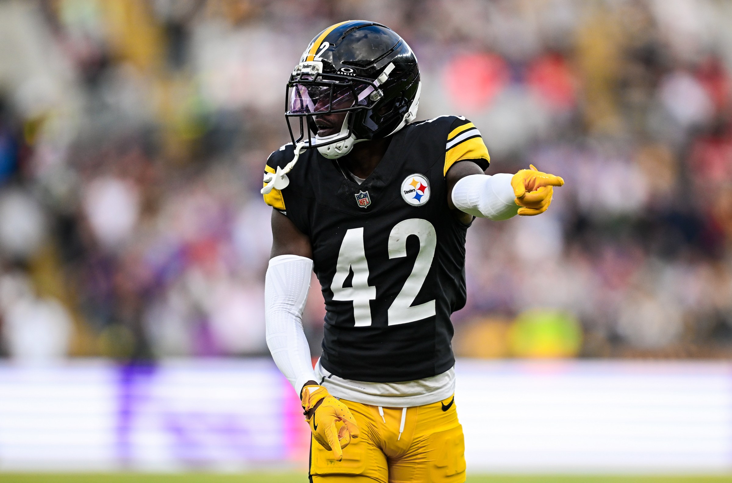 Dublin , Ireland - 28 September 2025; Cornerback James Pierre #42 of Pittsburgh Steelers during the 2025 NFL International Game between the Pittsburgh Steelers and the Minnesota Vikings at Croke Park in Dublin. (Photo By Seb Daly/Sportsfile via Getty Images)