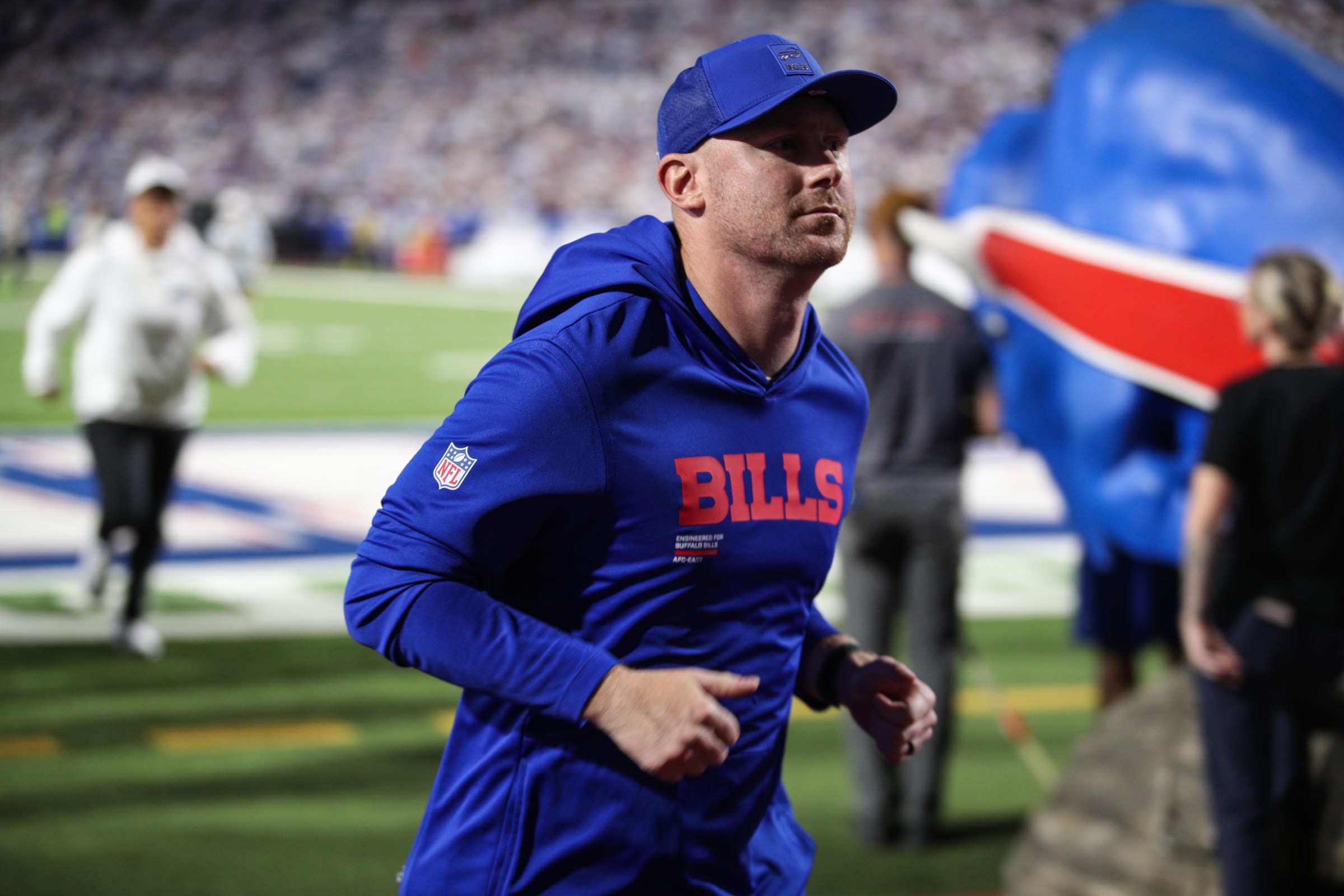 ORCHARD PARK, NEW YORK - OCTOBER 05: Offensive coordinator Joe Brady of the Buffalo Bills looks on prior to the NFL 2025 game between New England Patriots and Buffalo Bills at Highmark Stadium on October 05, 2025 in Orchard Park, New York. (Photo by Bryan Bennett/Getty Images)