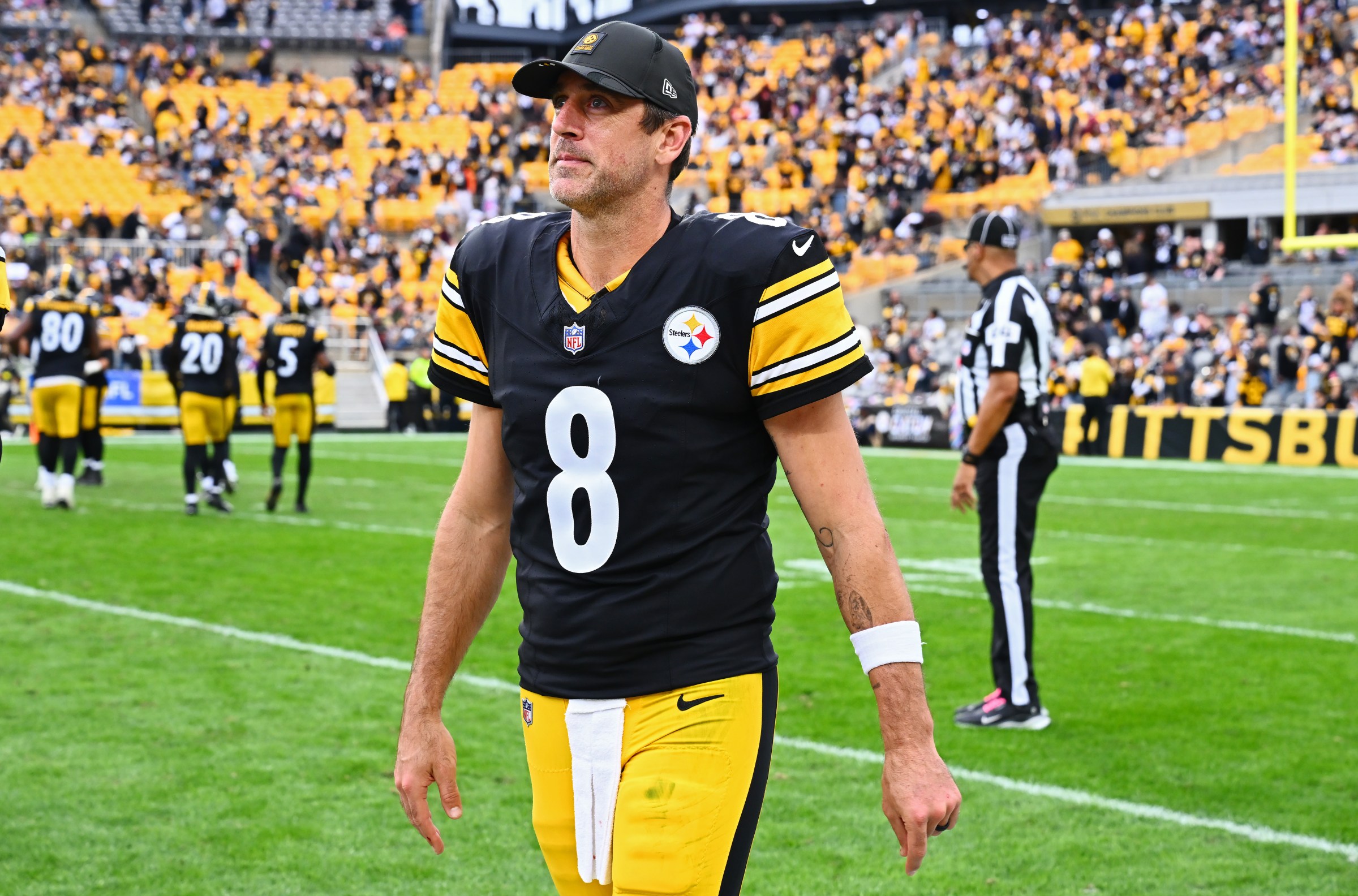 PITTSBURGH, PENNSYLVANIA - OCTOBER 12: Aaron Rodgers #8 of the Pittsburgh Steelers looks on after a win against the Cleveland Browns in the game at Acrisure Stadium on October 12, 2025 in Pittsburgh, Pennsylvania. (Photo by Joe Sargent/Getty Images)