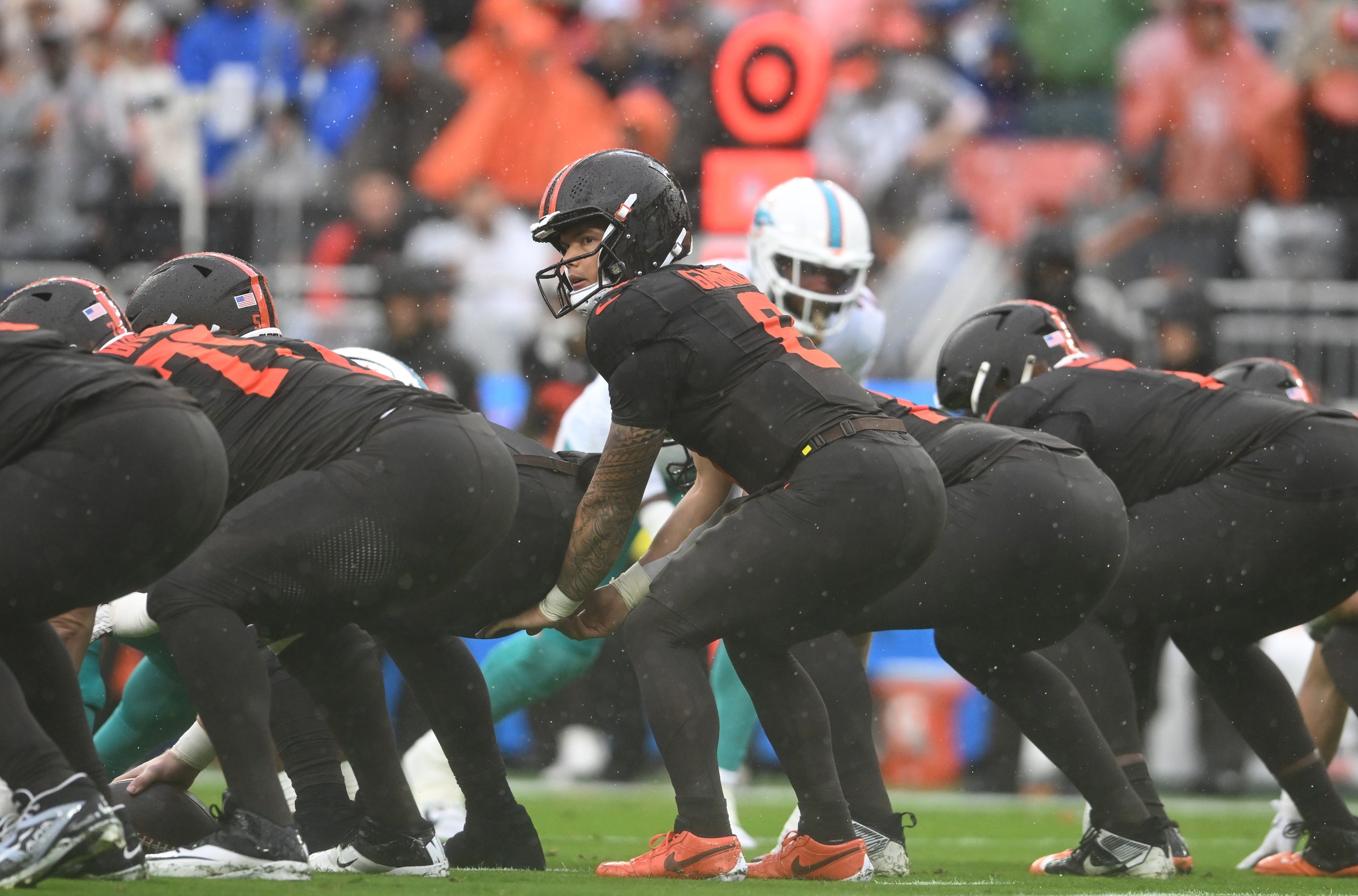 CLEVELAND, OHIO - OCTOBER 19: Dillon Gabriel #8 of the Cleveland Browns looks on before the snap during the game against the Miami Dolphins at Huntington Bank Field on October 19, 2025 in Cleveland, Ohio. (Photo by Nick Cammett/Getty Images)