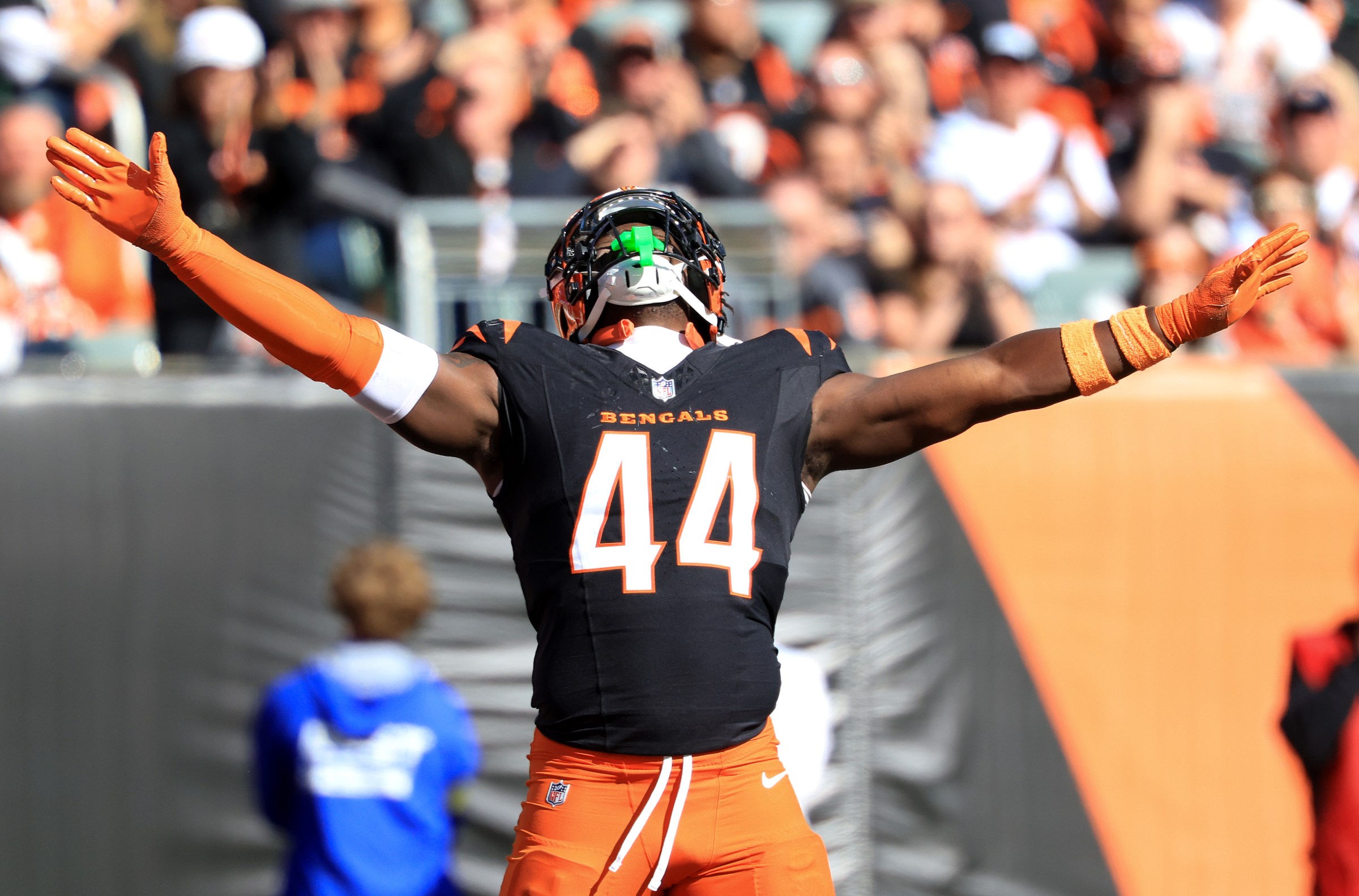 CINCINNATI, OHIO - OCTOBER 26: Demetrius Knight Jr. #44 of the Cincinnati Bengals reacts after a play against the New York Jets during the second quarter in the game at Paycor Stadium on October 26, 2025 in Cincinnati, Ohio. (Photo by Justin Casterline/Getty Images)