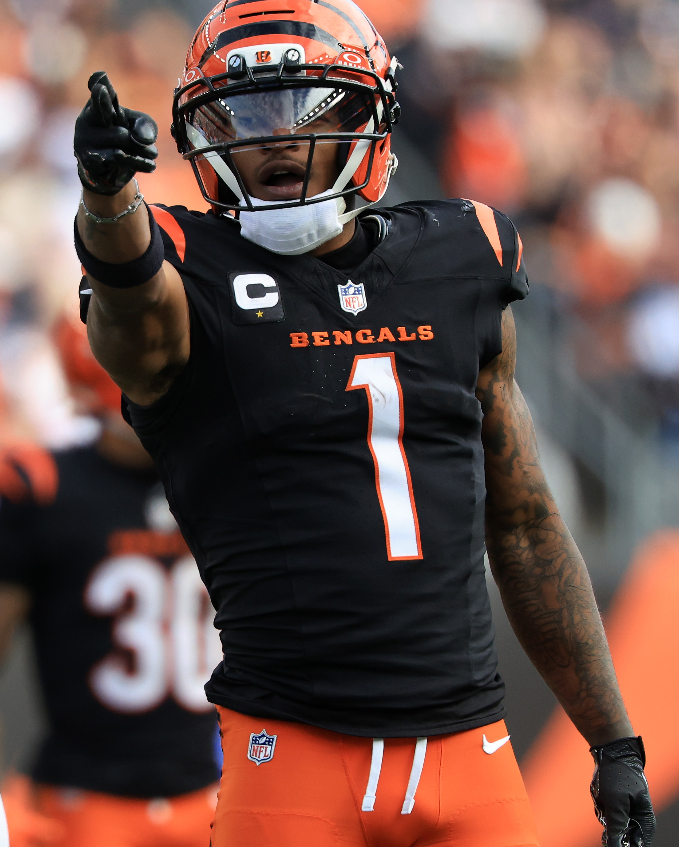 CINCINNATI, OHIO - OCTOBER 26: Ja’Marr Chase #1 of the Cincinnati Bengals reacts against the New York Jets at Paycor Stadium on October 26, 2025 in Cincinnati, Ohio. (Photo by Justin Casterline/Getty Images)