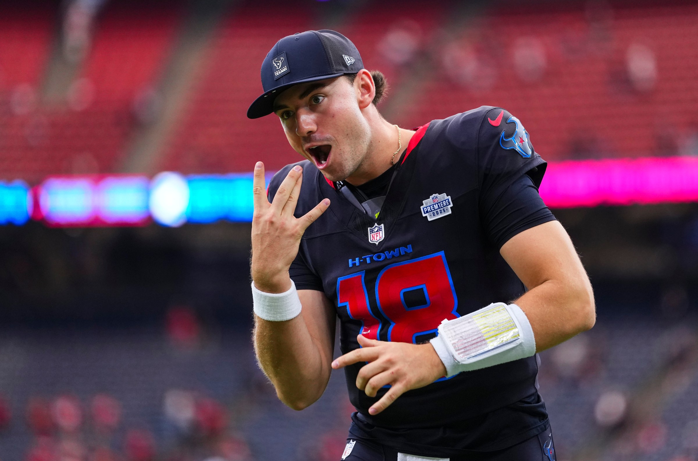 HOUSTON, TX - OCTOBER 26: Graham Mertz #18 of the Houston Texans exits the field after an NFL football game against the San Francisco 49ers at NRG Stadium on October 26, 2025 in Houston, Texas. (Photo by Cooper Neill/Getty Images)