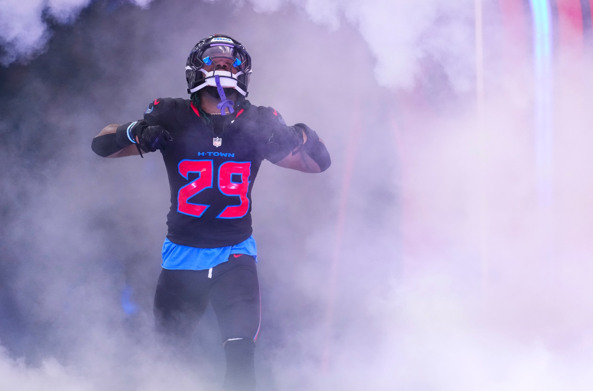 HOUSTON, TX - OCTOBER 26: M.J. Stewart #29 of the Houston Texans runs out of the tunnel prior to an NFL football game against the San Francisco 49ers at NRG Stadium on October 26, 2025 in Houston, Texas. (Photo by Cooper Neill/Getty Images)