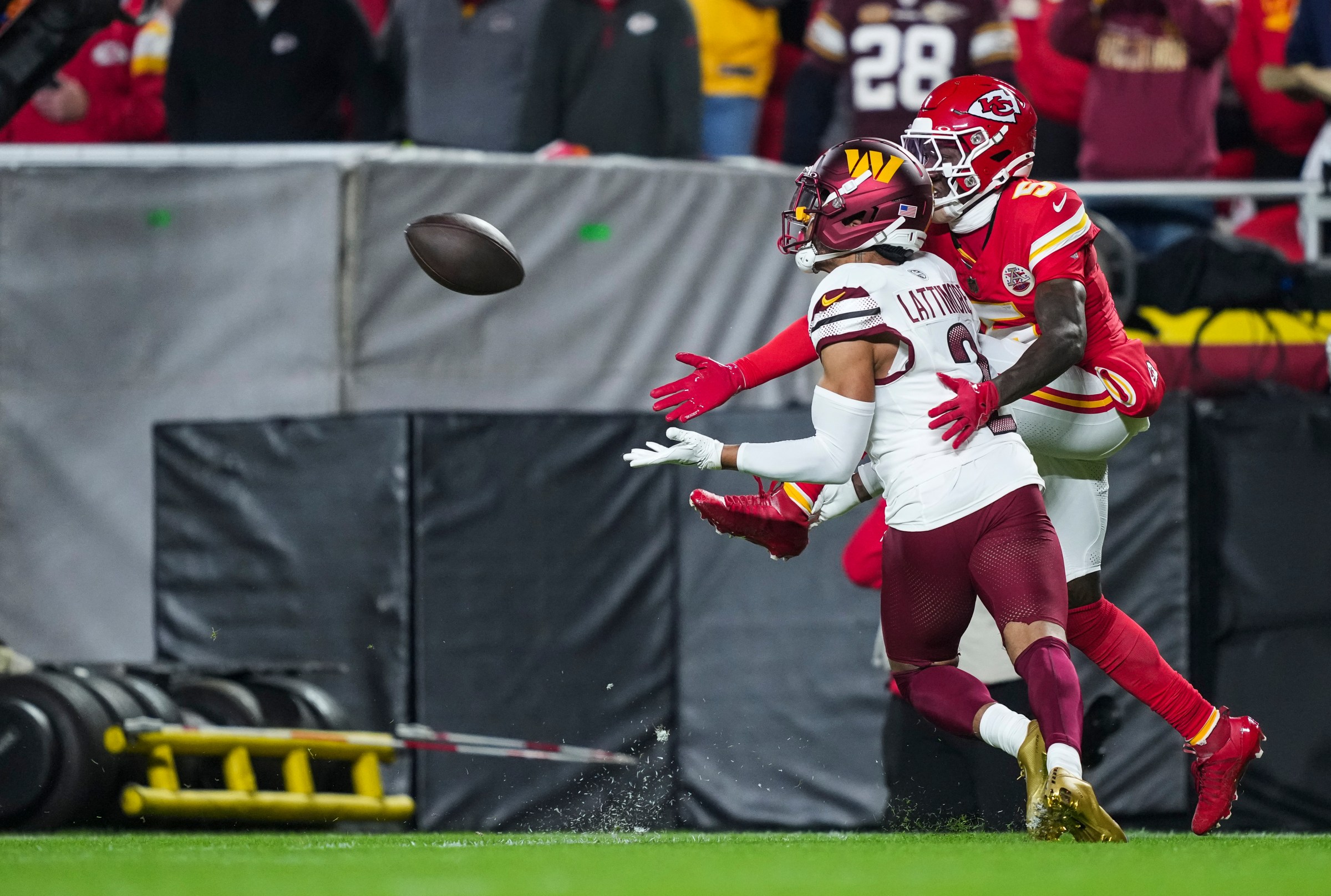 KANSAS CITY, MISSOURI - OCTOBER 27: Marshon Lattimore #2 of the Washington Commanders makes a catch during an NFL football game against the Kansas City Chiefs at Arrowhead Stadium on October 27, 2025 in Kansas City, Missouri. (Photo by Perry Knotts/Getty Images)