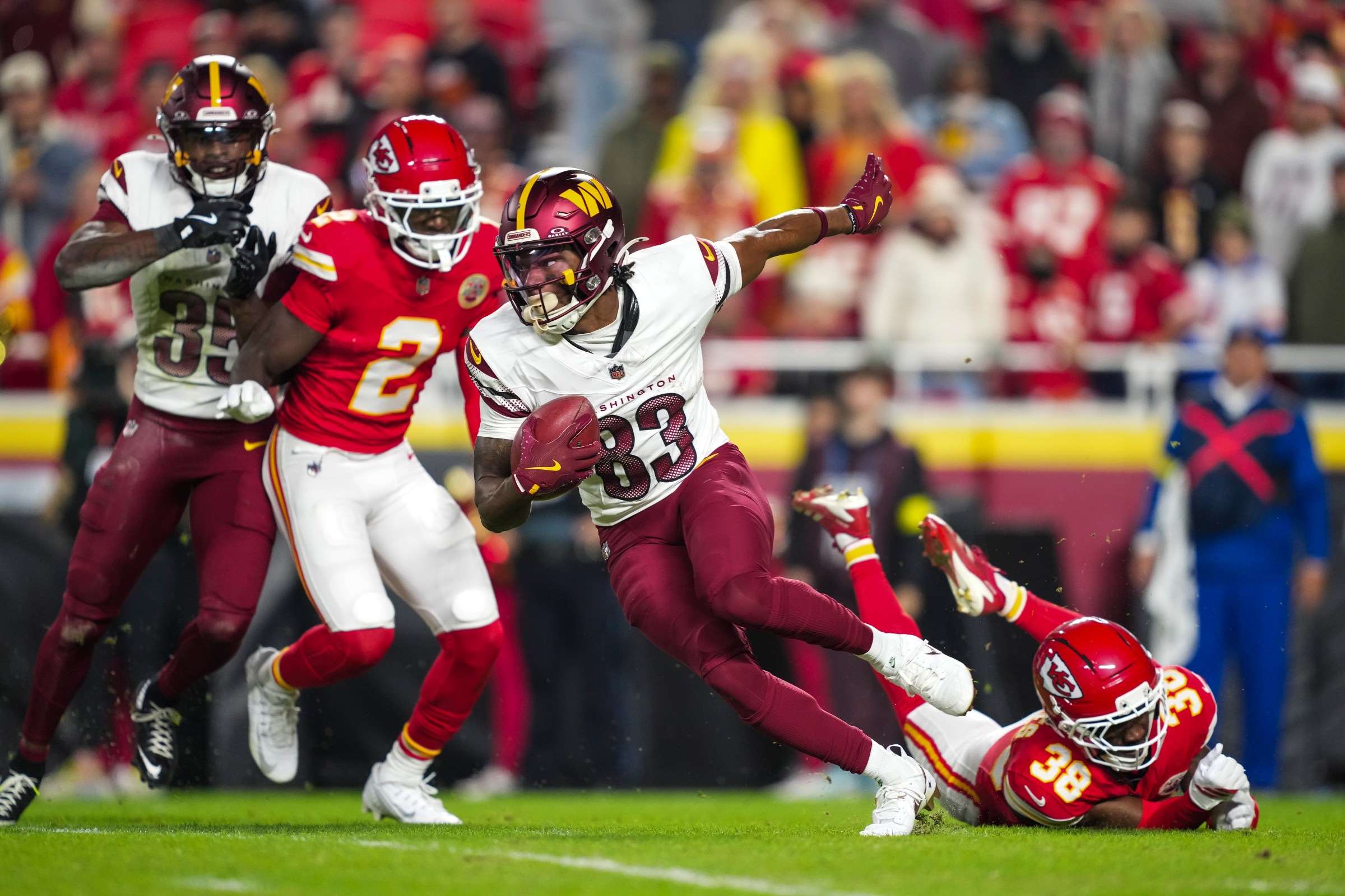 KANSAS CITY, MISSOURI - OCTOBER 27: Jaylin Lane #83 of the Washington Commanders runs the ball during an NFL football game against the Kansas City Chiefs at Arrowhead Stadium on October 27, 2025 in Kansas City, Missouri. (Photo by Perry Knotts/Getty Images)