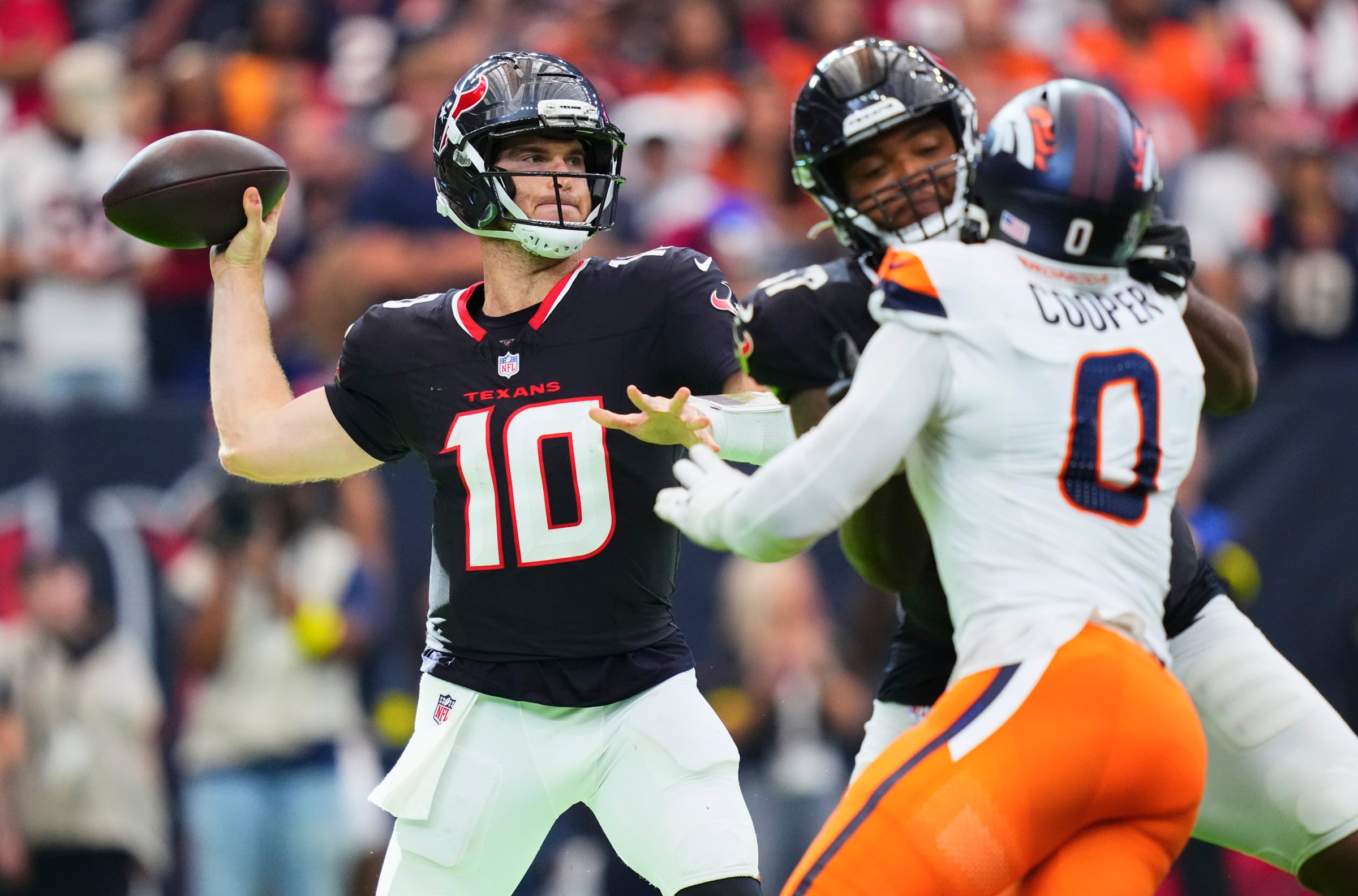 HOUSTON, TX - NOVEMBER 02: Davis Mills #10 of the Houston Texans drops back to pass against the Denver Broncos during the second half of an NFL football game at NRG Stadium on November 2, 2025 in Houston, Texas. (Photo by Cooper Neill/Getty Images)