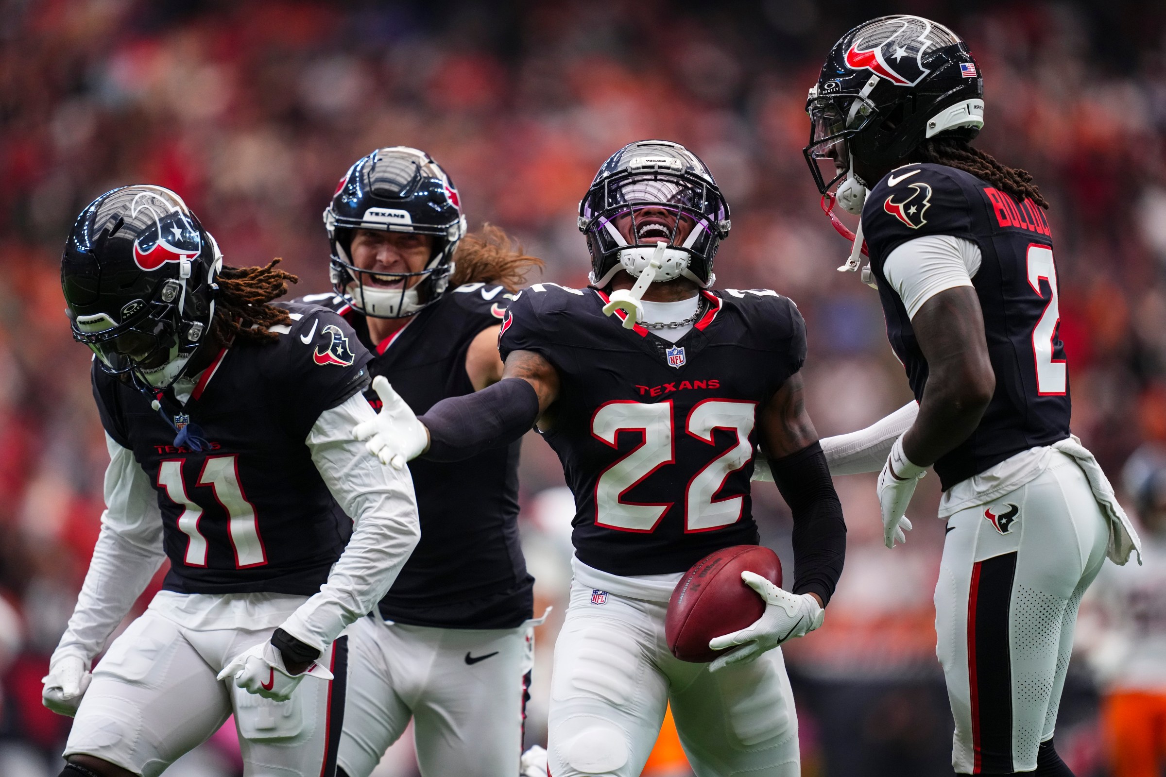 HOUSTON, TX - NOVEMBER 02: Jaylin Smith #22 of the Houston Texans celebrates during an NFL football game against the Denver Broncos at NRG Stadium on November 2, 2025 in Houston, Texas. (Photo by Cooper Neill/Getty Images)