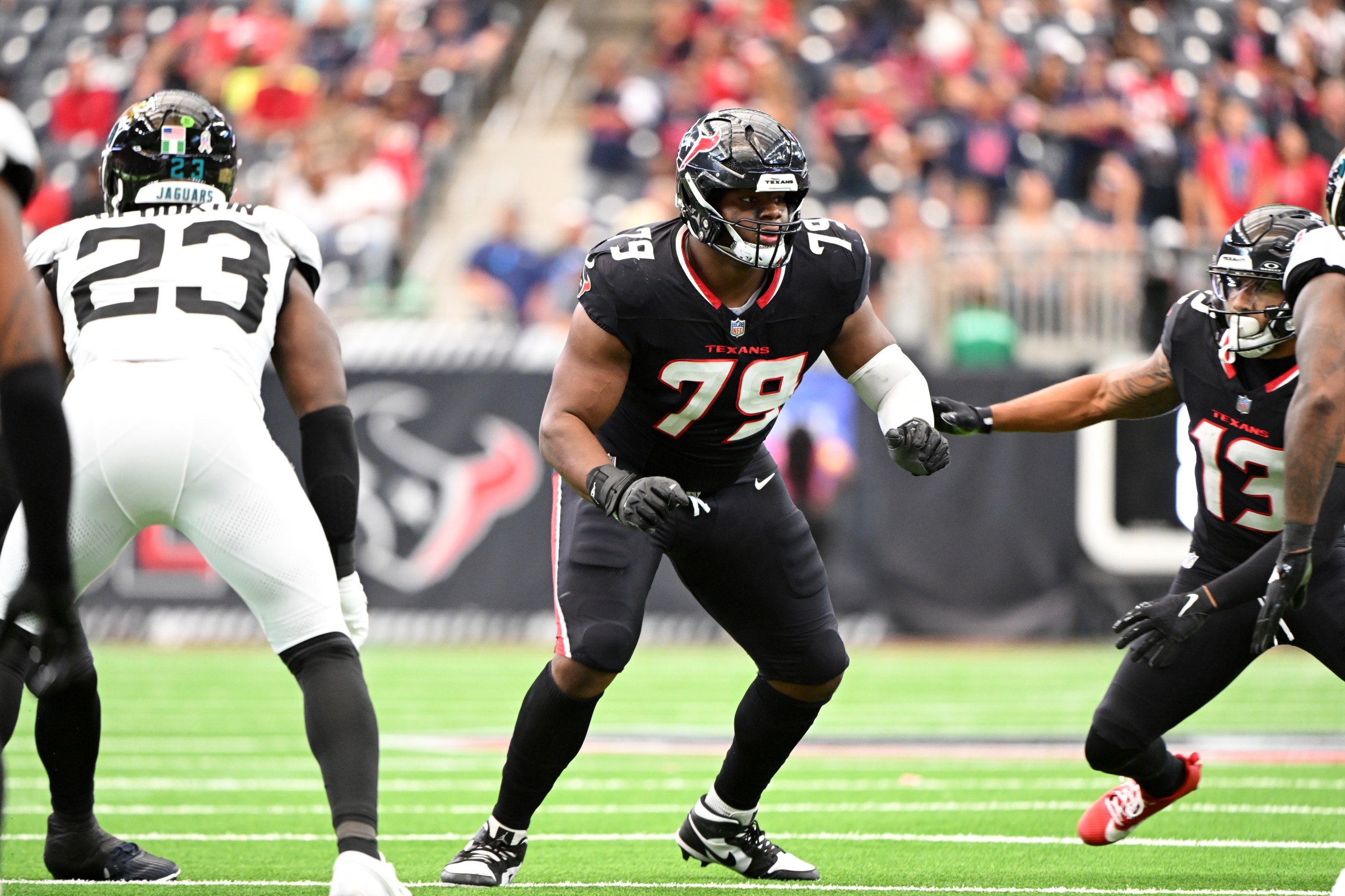 HOUSTON, TX - NOVEMBER 09: Houston Texans lineman Aireontae Ersery drops back to block during game featuring the Houston Texans and the Jacksonville Jaguars on November 9, 2025 at NRG Stadium in Houston, TX. (Photo by John Rivera/Icon Sportswire via Getty Images)