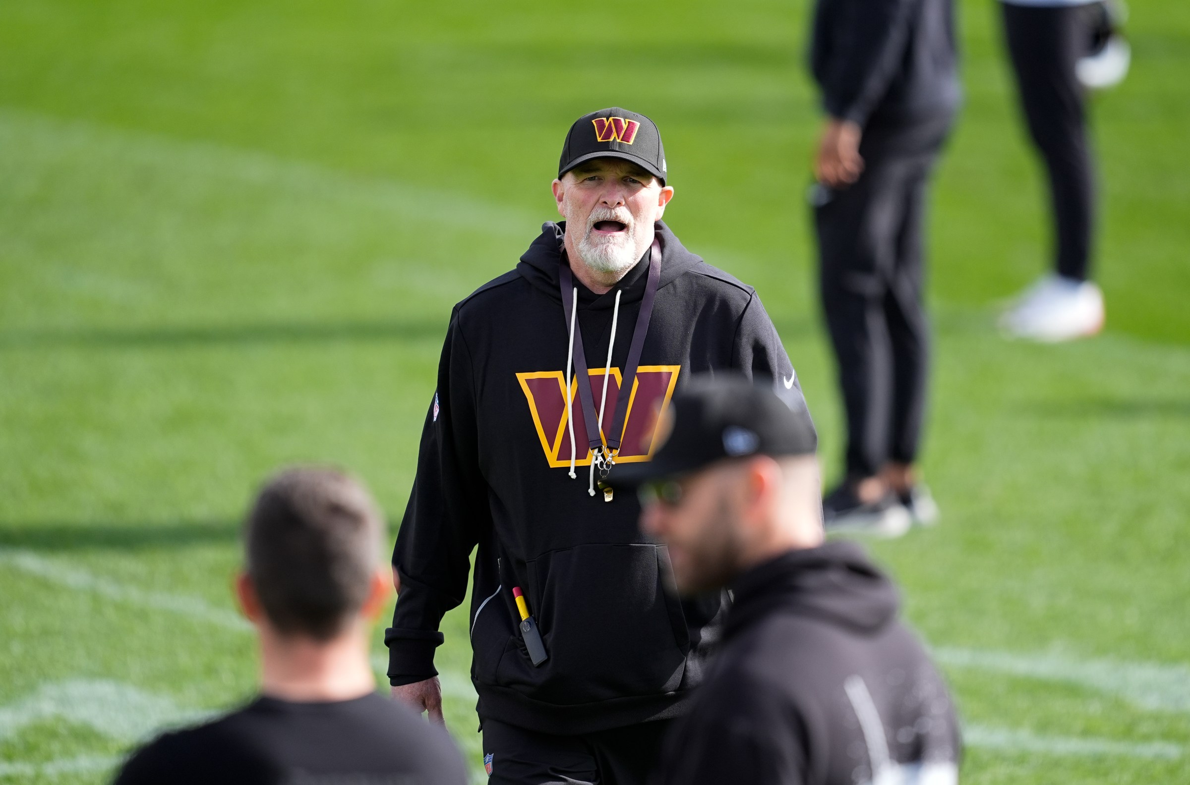 VALDEBEBAS, SPAIN - NOVEMBER 14: Dan Quinn during the Washington Commanders training day ahead their National Football League (NFL) 2025 Madrid Game against Miami Dolphins at Ciudad Deportiva Real Madrid on November 14, 2025, in Valdebebas, Madrid, Spain. (Photo By Oscar J. Barroso/Europa Press via Getty Images)