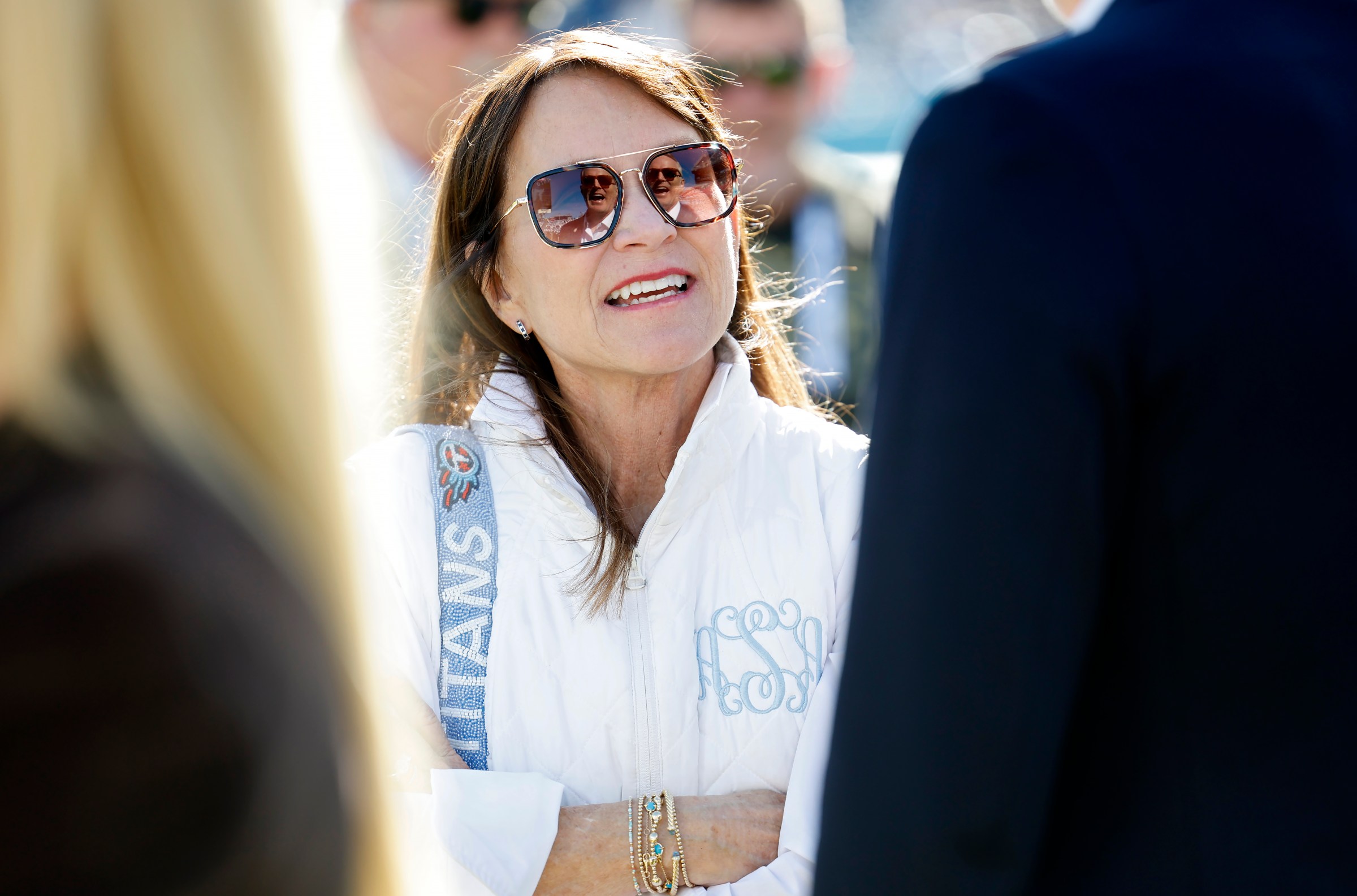NASHVILLE, TENNESSEE - NOVEMBER 16: Amy Adams Strunk, owner of the Tennessee Titans, looks on prior to the game against the Houston Texans at Nissan Stadium on November 16, 2025 in Nashville, Tennessee. (Photo by Wesley Hitt/Getty Images)