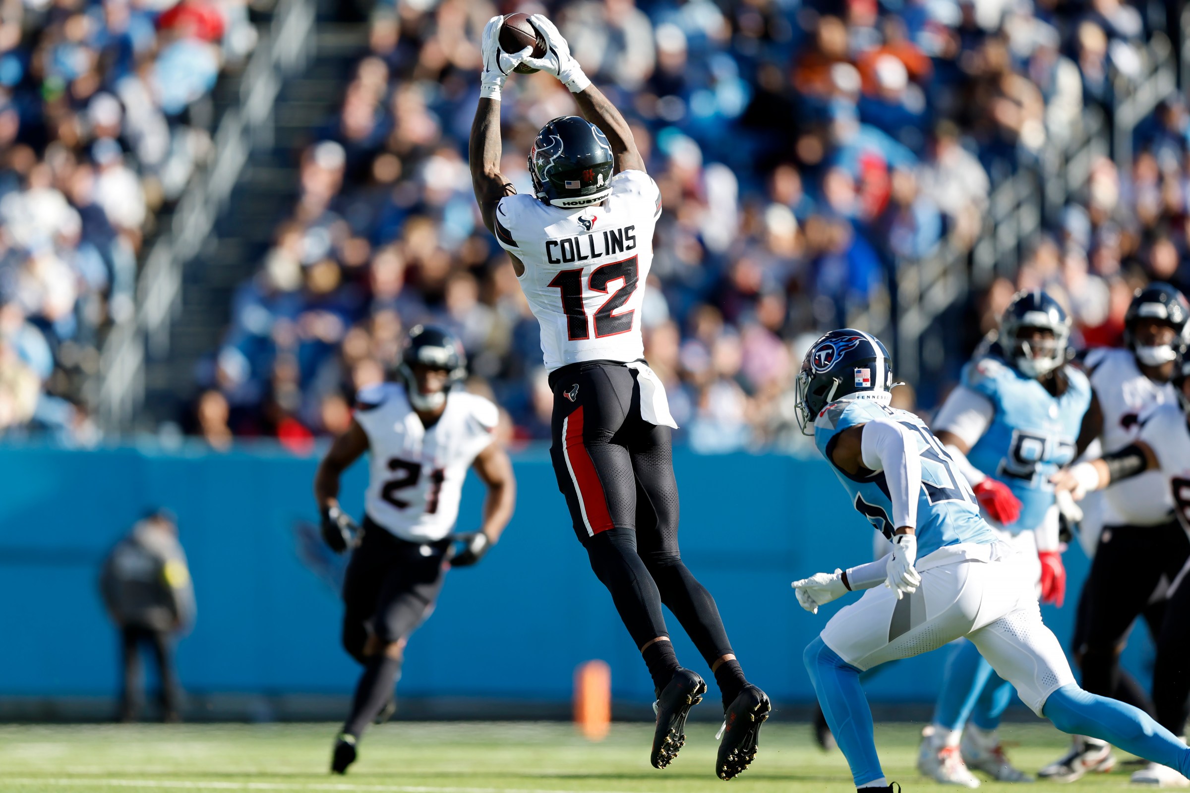 NASHVILLE, TENNESSEE - NOVEMBER 16: Nico Collins #12 of the Houston Texans catches a pass during the second half against the Tennessee Titans at Nissan Stadium on November 16, 2025 in Nashville, Tennessee. (Photo by Justin Ford/Getty Images)