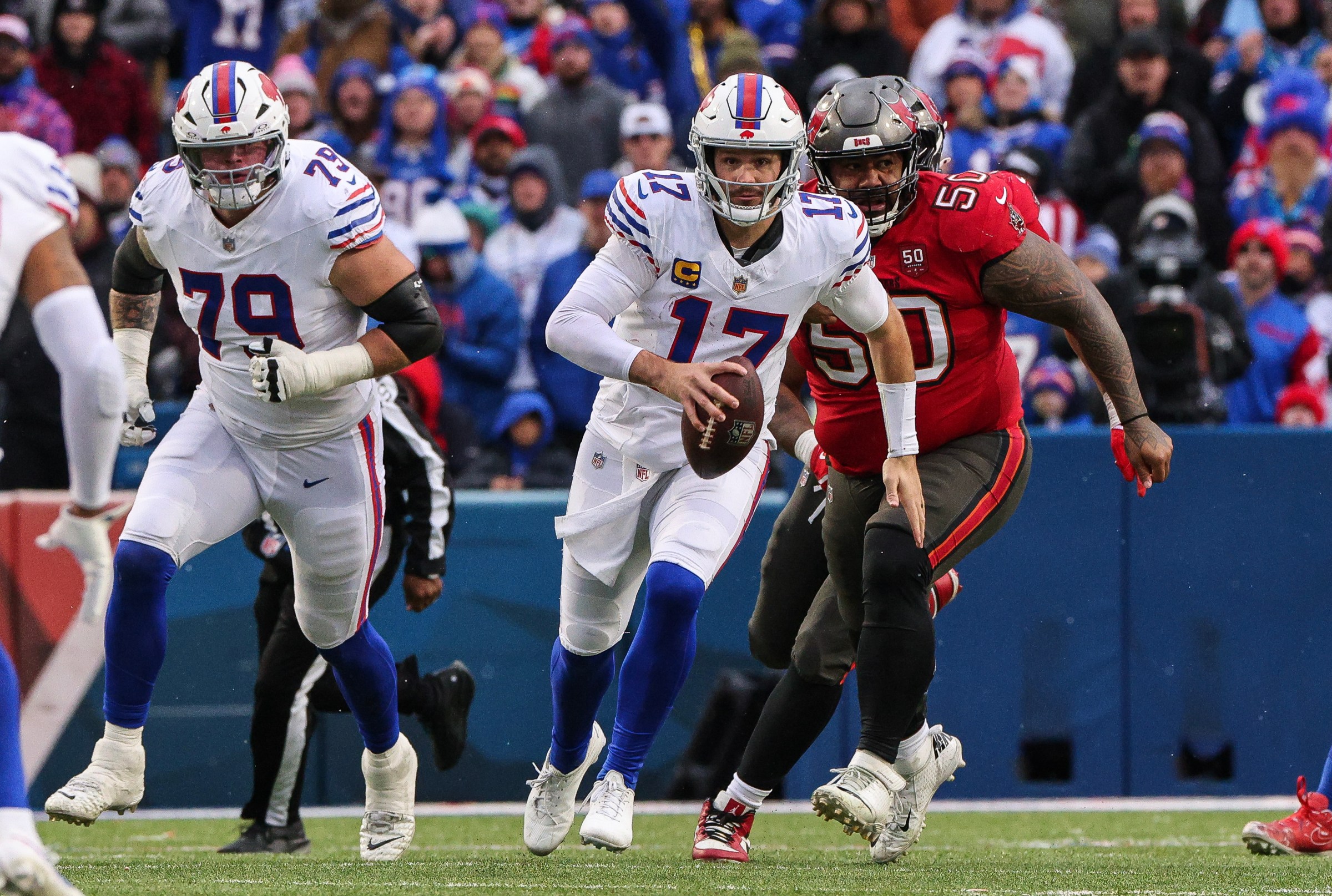 ORCHARD PARK, NEW YORK - NOVEMBER 16: Josh Allen #17 of the Buffalo Bills runs the ball during the third quarter of the NFL 2025 game between Tampa Bay Buccaneers and Buffalo Bills at Highmark Stadium on November 16, 2025 in Orchard Park, New York. (Photo by Bryan Bennett/Getty Images)