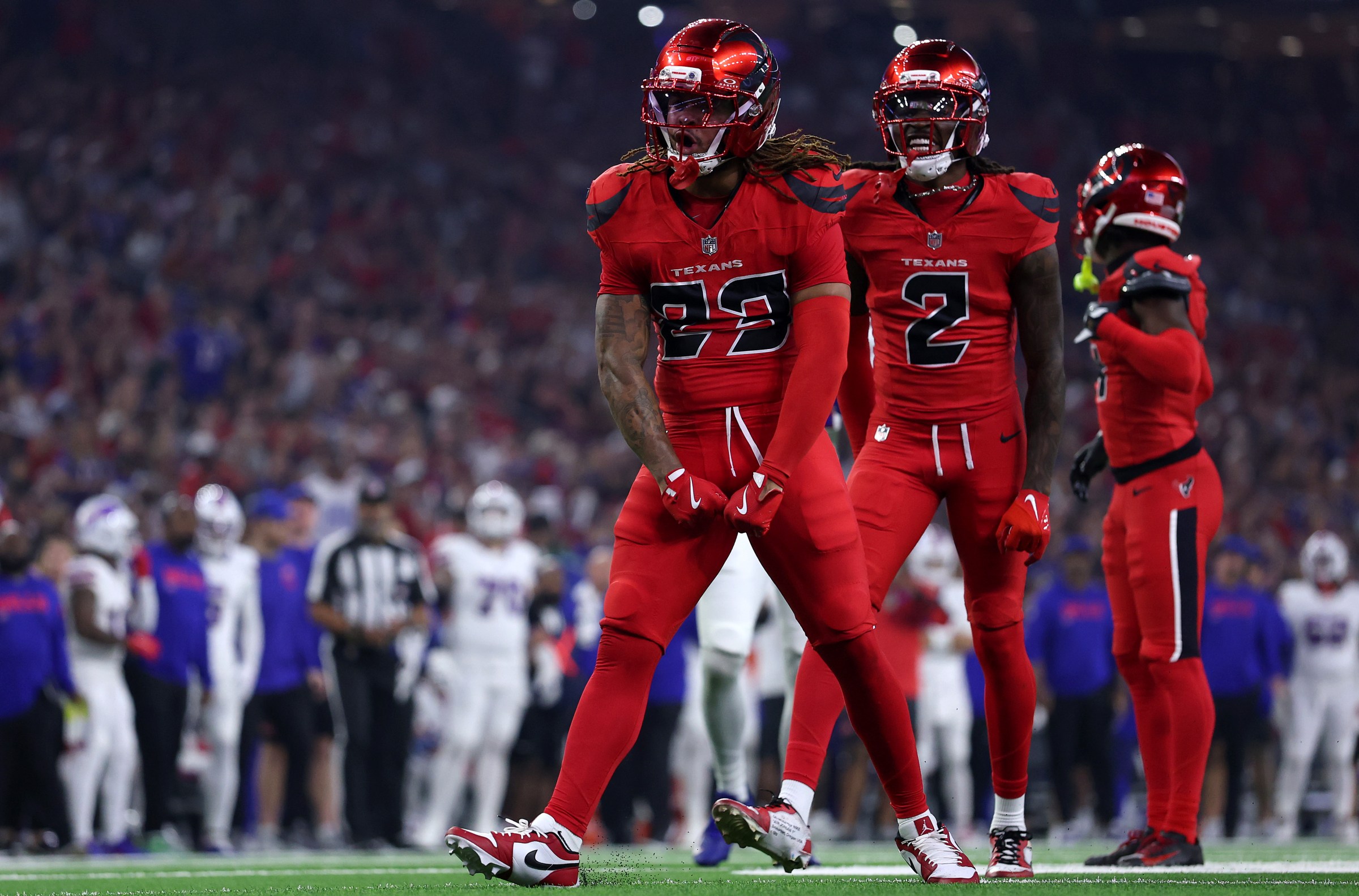 HOUSTON, TEXAS - NOVEMBER 20: Jaylen Reed #23 of the Houston Texans celebrates a tackle against the Buffalo Bills during the first quarter at NRG Stadium on November 20, 2025 in Houston, Texas. (Photo by Tim Warner/Getty Images)