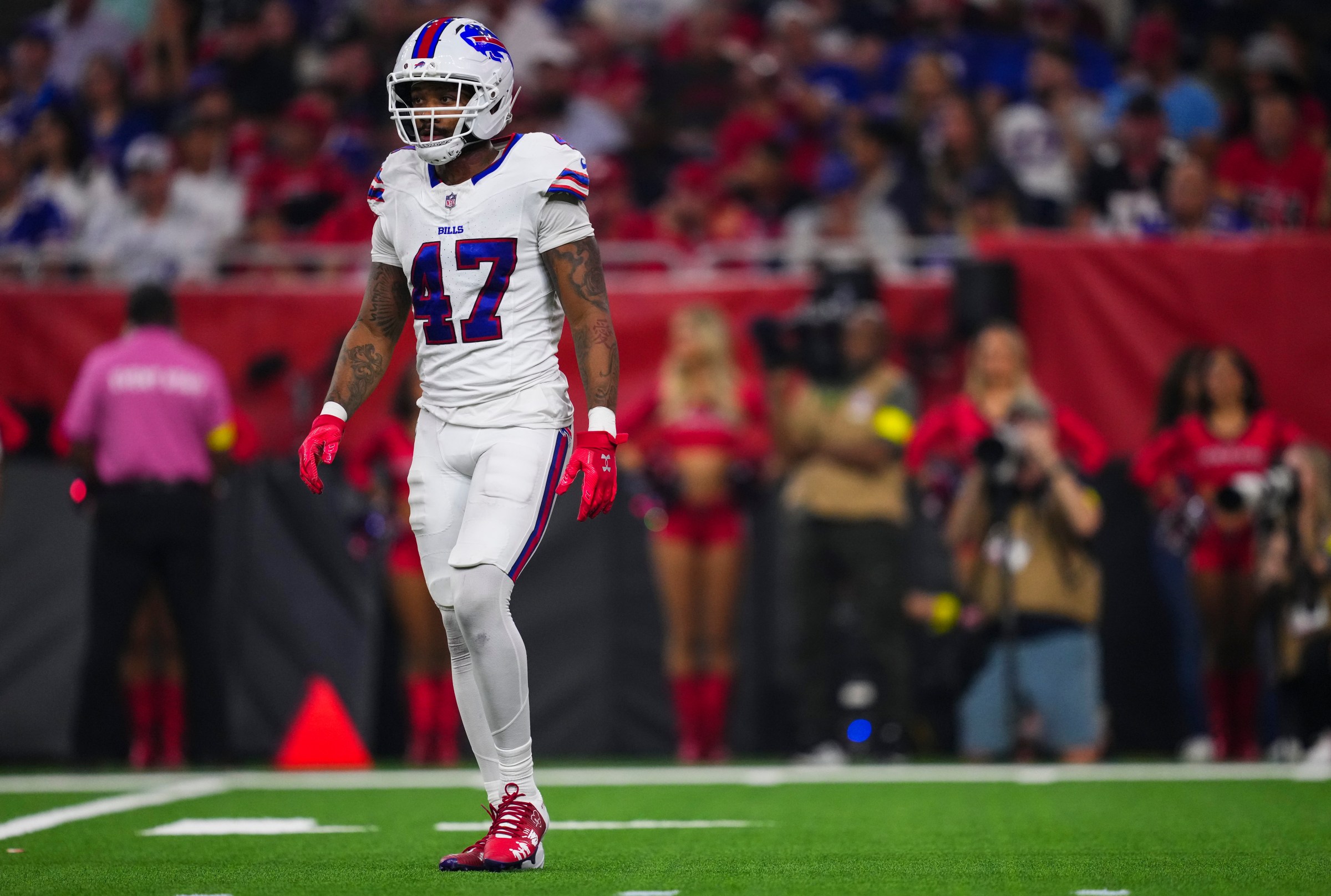 HOUSTON, TX - NOVEMBER 20: Christian Benford #47 of the Buffalo Bills lines up before the snap during an NFL football game against the Houston Texans at NRG Stadium on November 20, 2025 in Houston, Texas. (Photo by Cooper Neill/Getty Images)