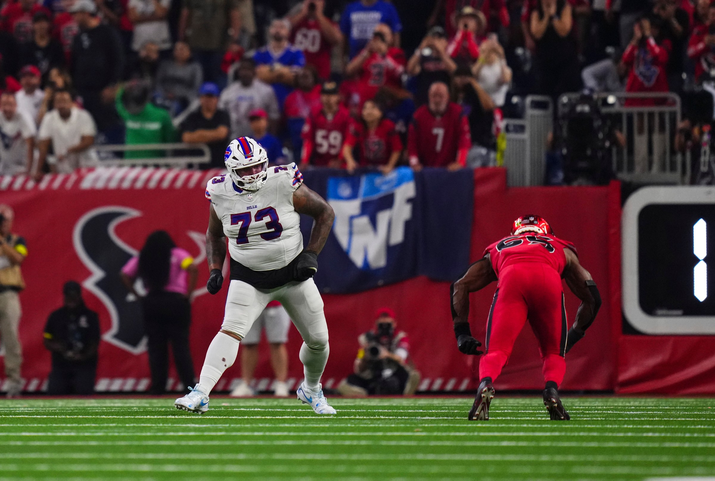 HOUSTON, TX - NOVEMBER 20: Dion Dawkins #73 of the Buffalo Bills drops back to block during an NFL football game against the Houston Texans at NRG Stadium on November 20, 2025 in Houston, Texas. (Photo by Cooper Neill/Getty Images)