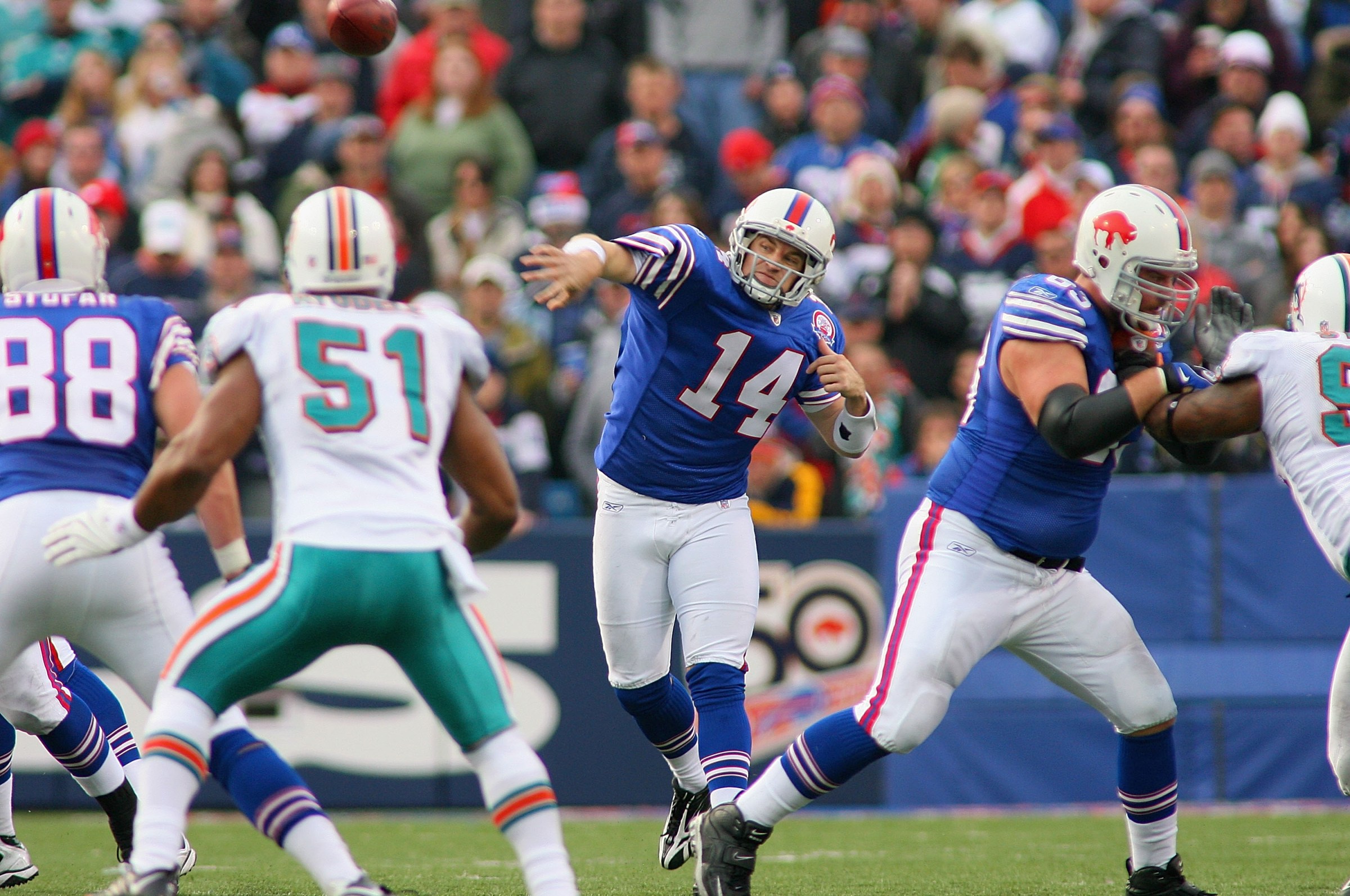 ORCHARD PARK, NY - NOVEMBER 29: Ryan Fitzpatrick #14 of the Buffalo Bills throws a pass against the Miami Dolphins at Ralph Wilson Stadium on November 29, 2009 in Orchard Park, New York. Buffalo won 31-14. (Photo by Rick Stewart/Getty Images)